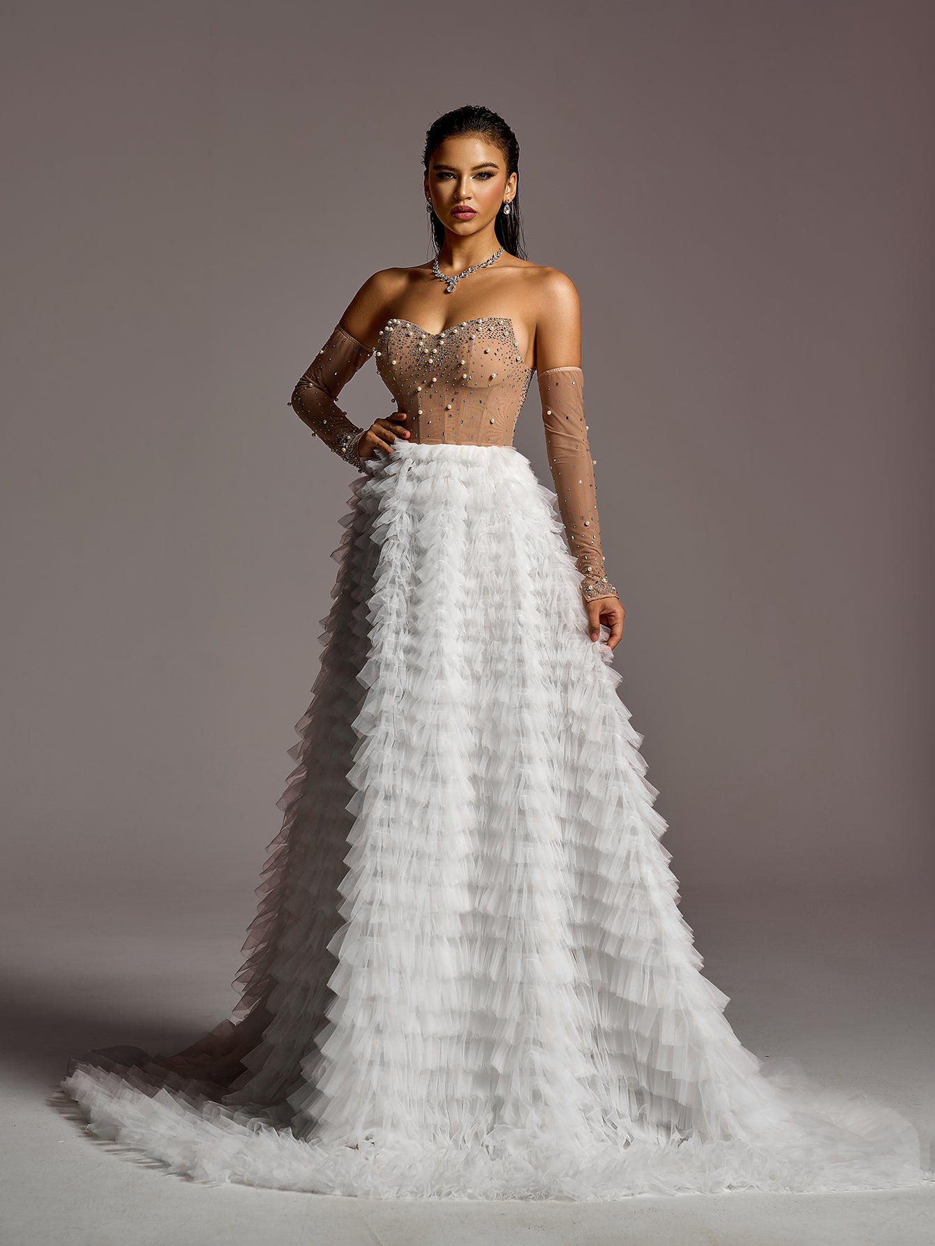 Gorgeous Pearl & Rhinestone Embellished Bodice Ruffle Layered Hem Wedding Dress