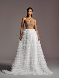 Gorgeous Pearl & Rhinestone Embellished Bodice Ruffle Layered Hem Wedding Dress