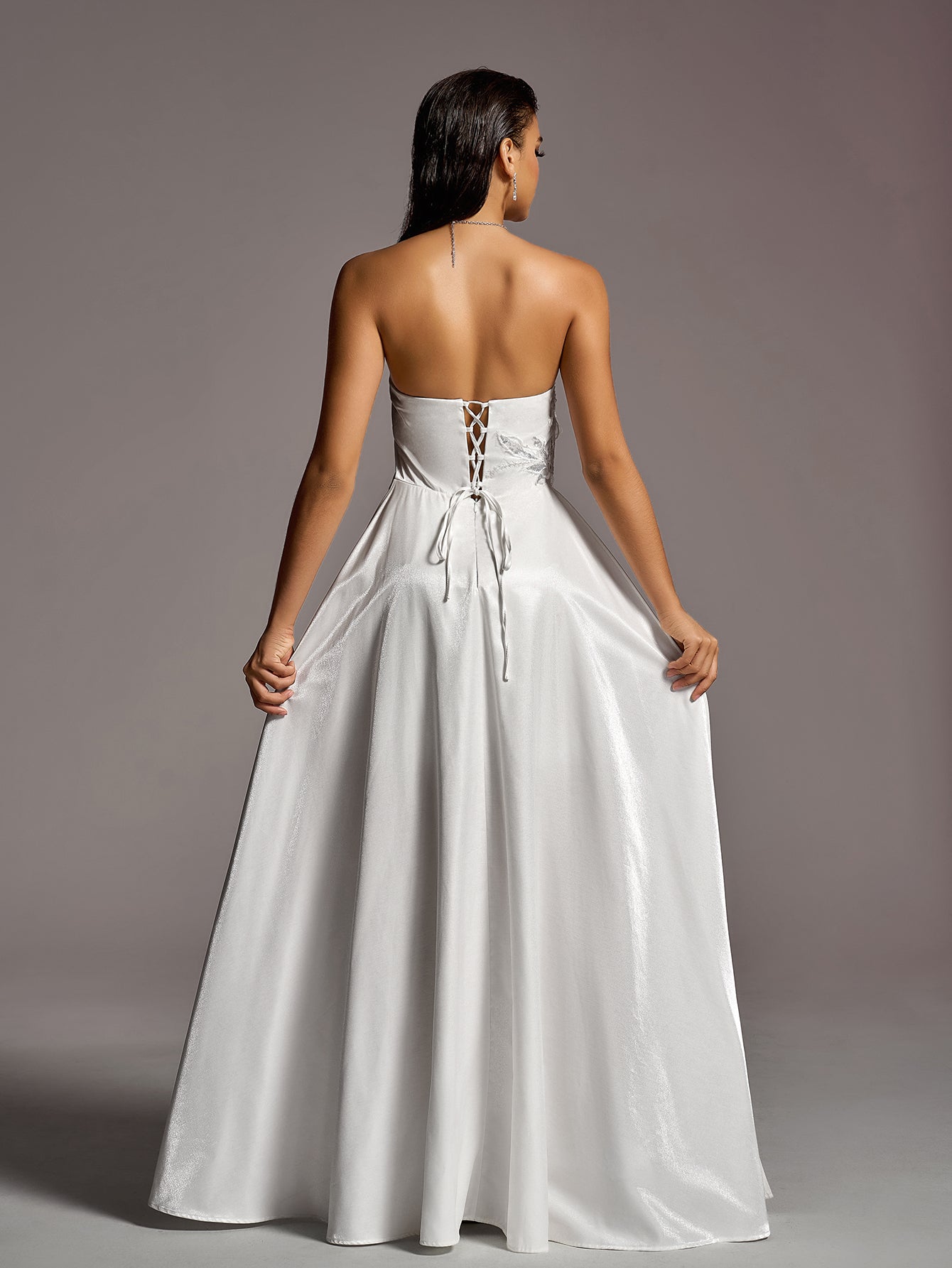 Stylish Strapless Applique Detail High Low Hem Satin Wedding Dress