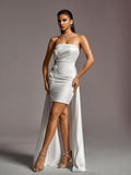 Stylish Strapless Applique Detail High Low Hem Satin Wedding Dress