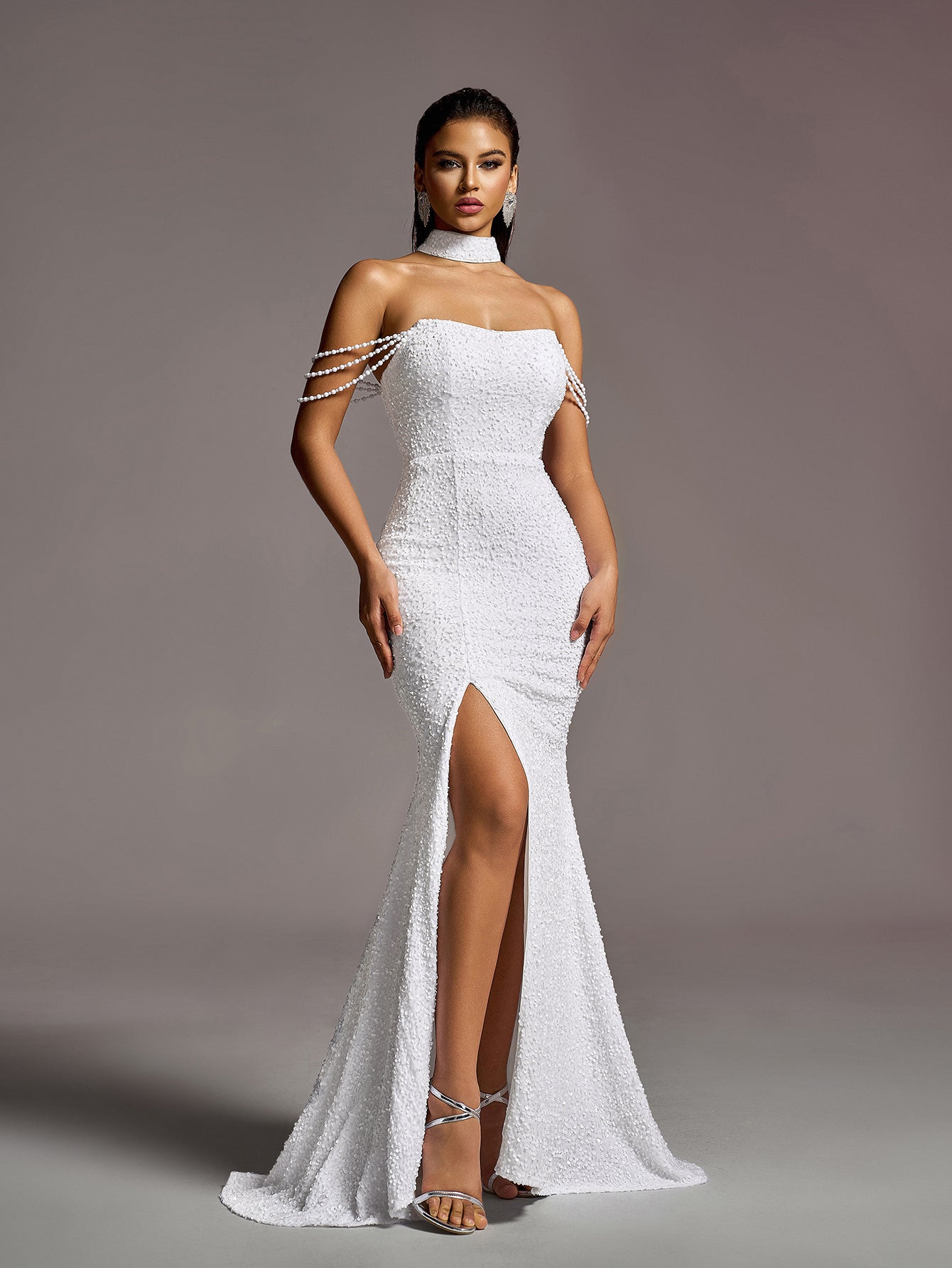 Elegant Beaded Chain Detail Split Thigh Mermaid Hem Sequin Wedding Dress (Choker included)