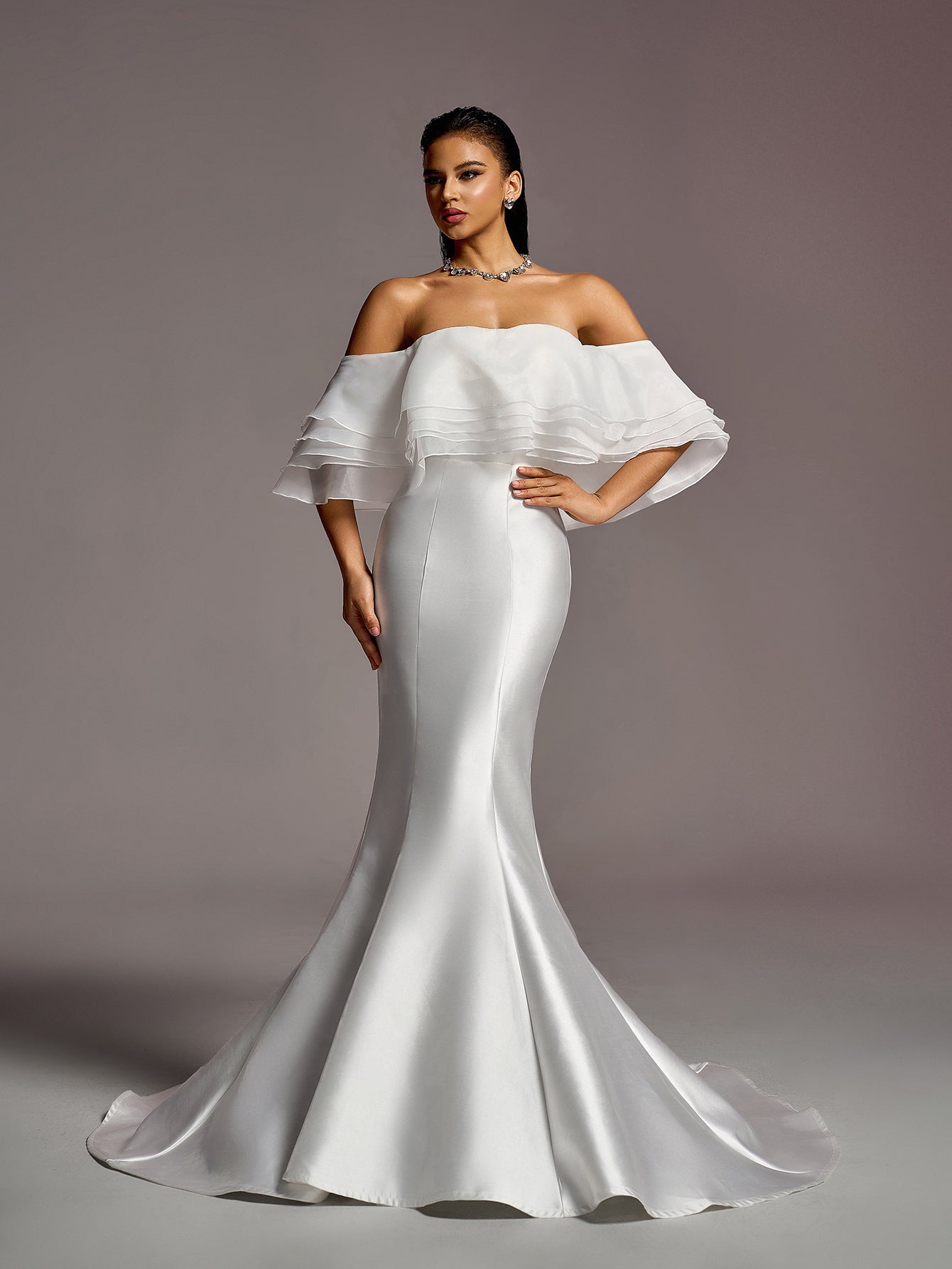 Gorgeous Layered Ruffle Off Shoulder Mermaid Hem Maxi Satin Wedding Dress