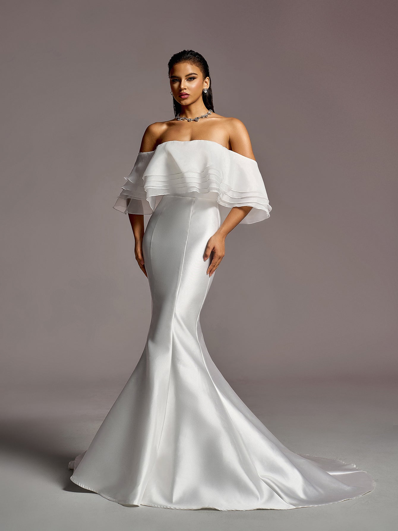 Gorgeous Layered Ruffle Off Shoulder Mermaid Hem Maxi Satin Wedding Dress