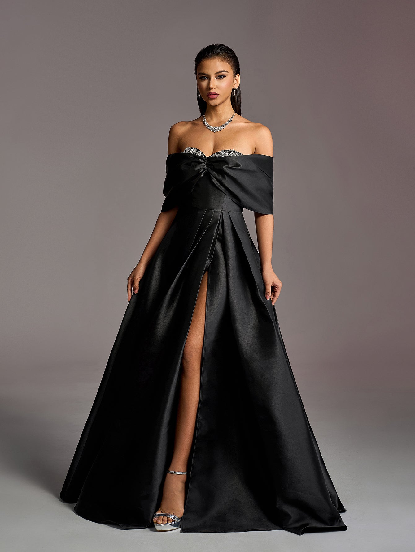 Gorgeous Off Shoulder Rhinestone Embellished Bust Satin Prom Dress Wedding Dress