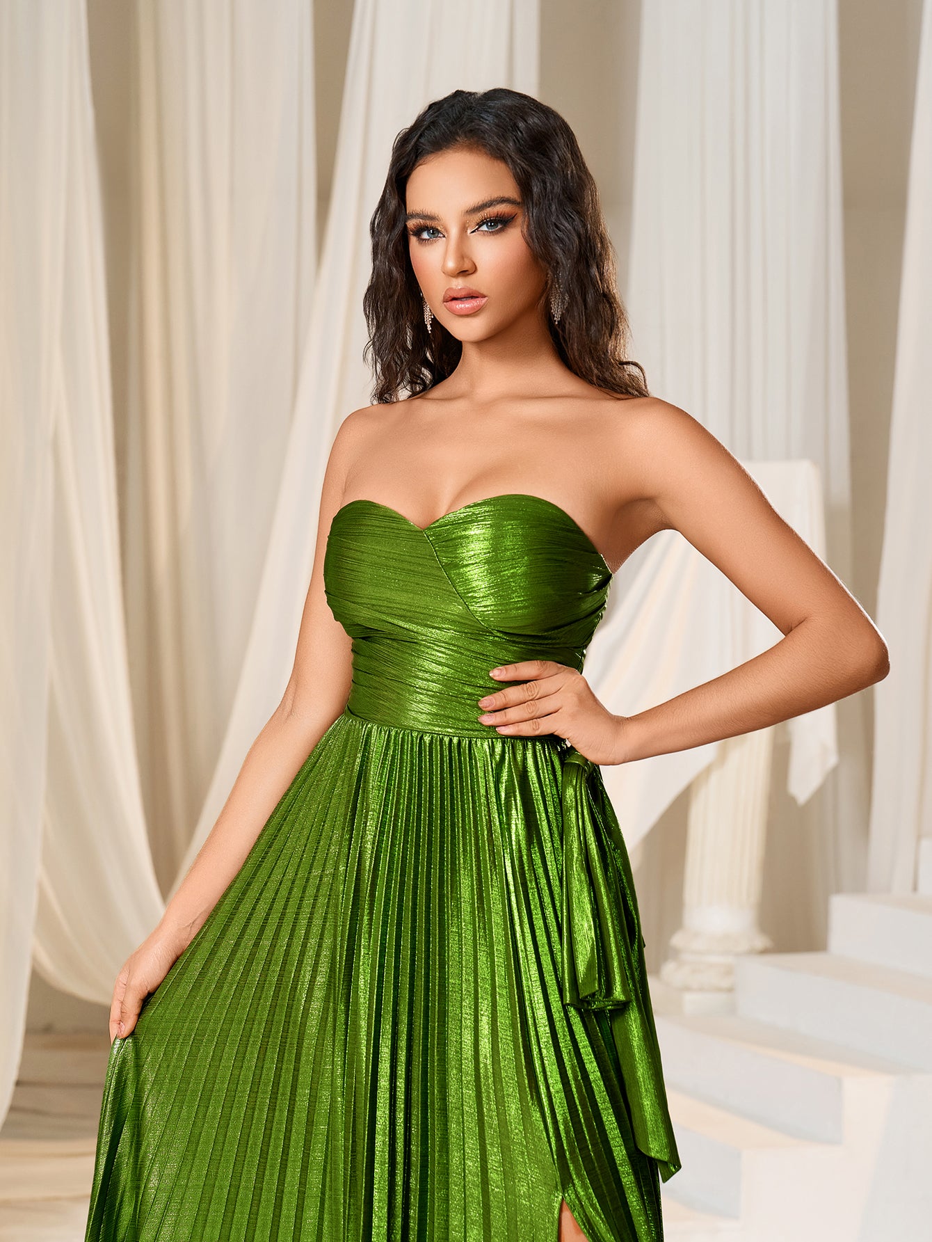 Metallic Ruched Bodice Pleated Hem Formal Party Tube Dress