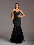 Elegant Strapless Ruched Front Mermaid Hem Sequin Wedding Dress