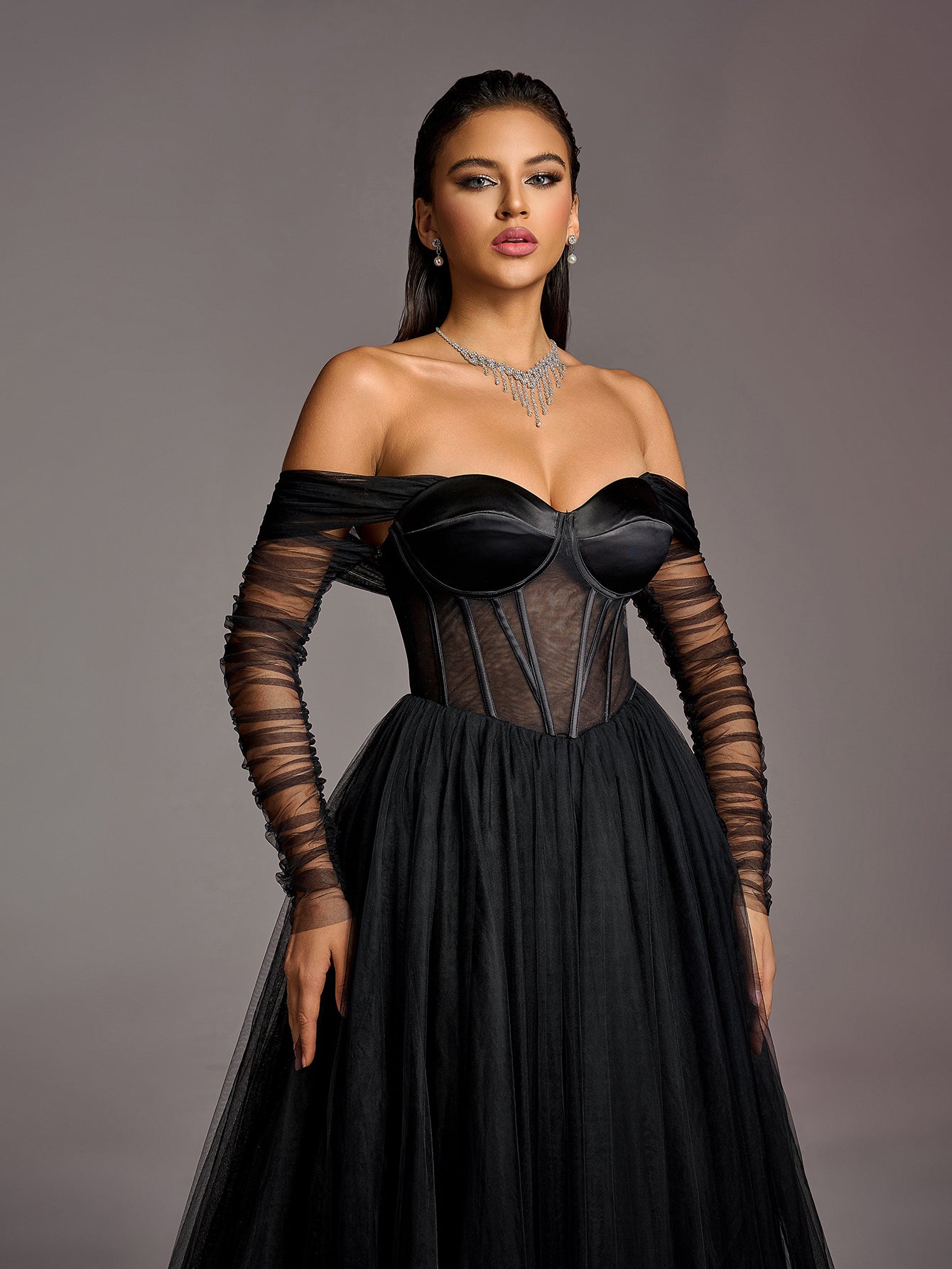 Elegant Off Shoulder Sheer Sleeves Tulle Evening Gown Wedding Dress