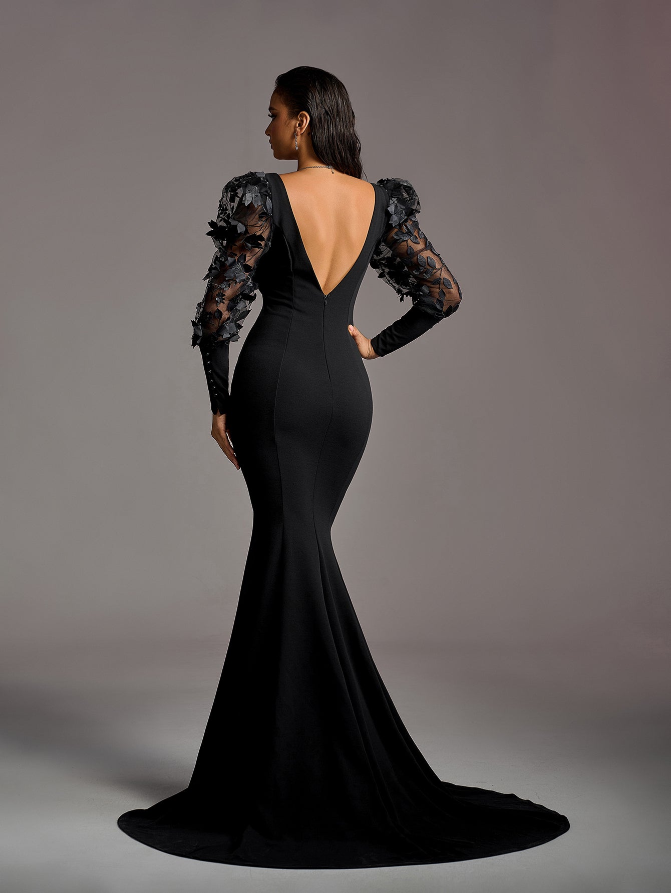 Elegant Backless Applique Bishop Sleeves Mermaid Hem Evening Dress Wedding Dress