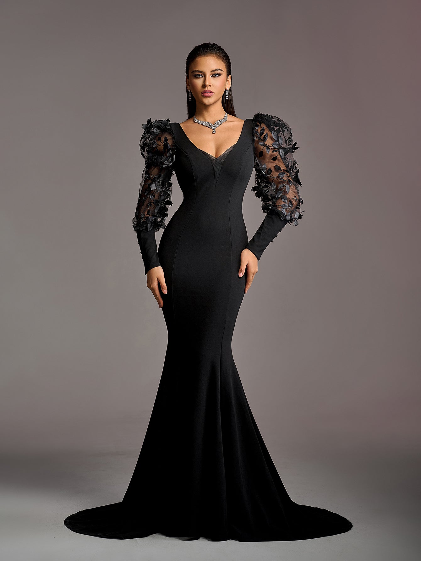 Elegant Backless Applique Bishop Sleeves Mermaid Hem Evening Dress Wedding Dress