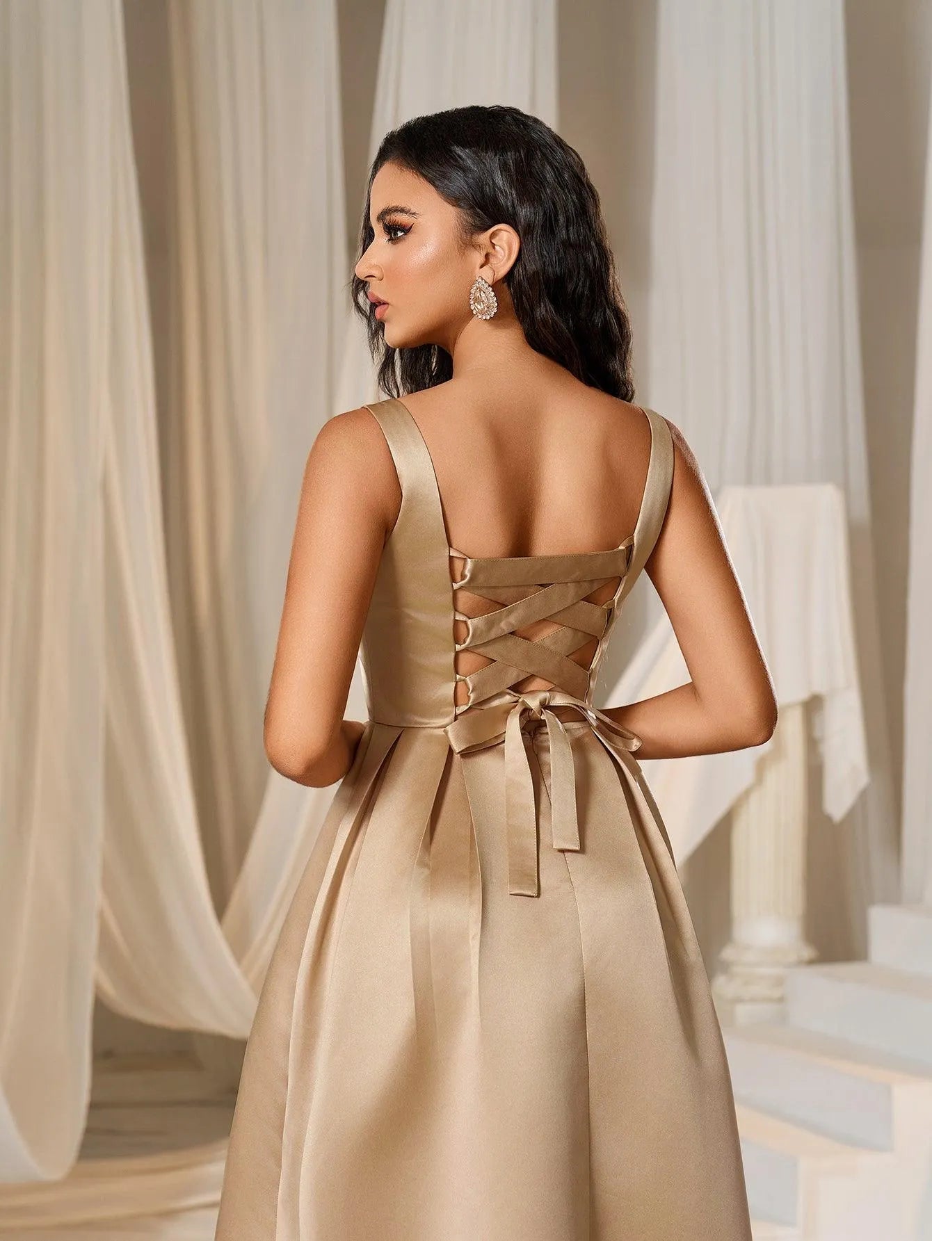 Square Neck Back Lace Up Satin A Line Dresses - Elonnashop