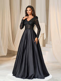 Elegant V Neck Lace Bodice Satin A-line Prom Dress