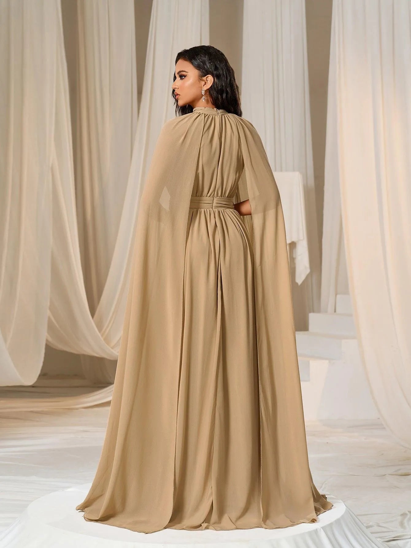 Elegant Mock Neck Cloak Sleeve Chiffon Formal Dress - Elonnashop