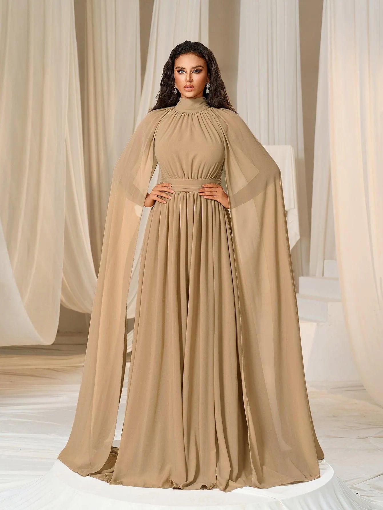 Elegant Mock Neck Cloak Sleeve Chiffon Formal Dress - Elonnashop