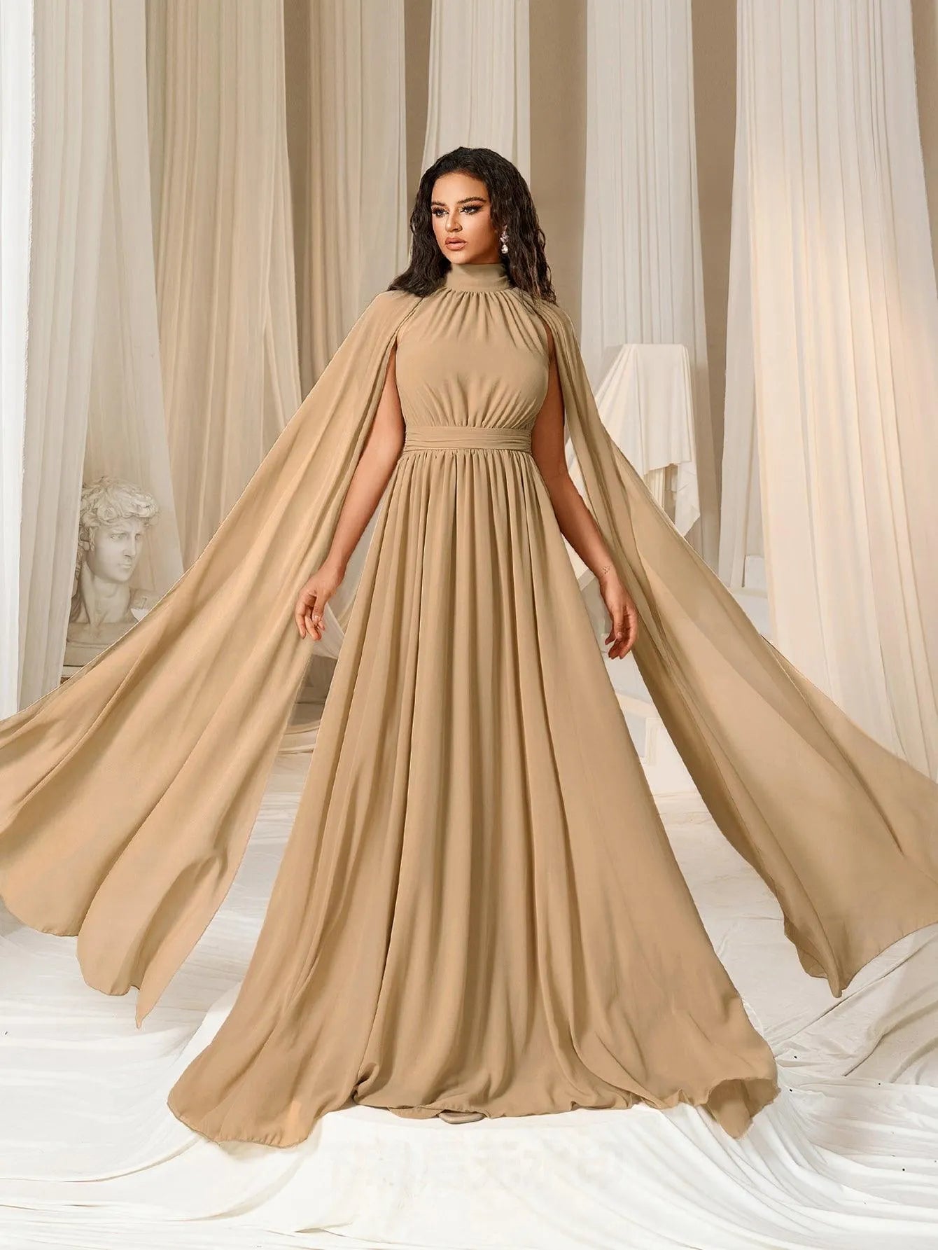 Elegant Mock Neck Cloak Sleeve Chiffon Formal Dress - Elonnashop