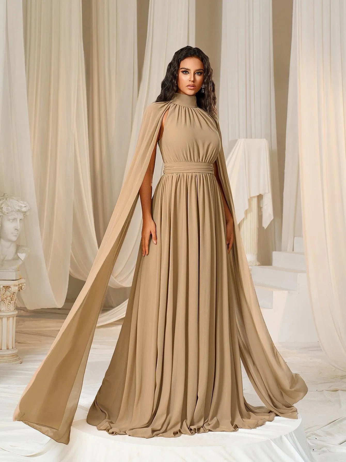 Elegant Mock Neck Cloak Sleeve Chiffon Formal Dress - Elonnashop