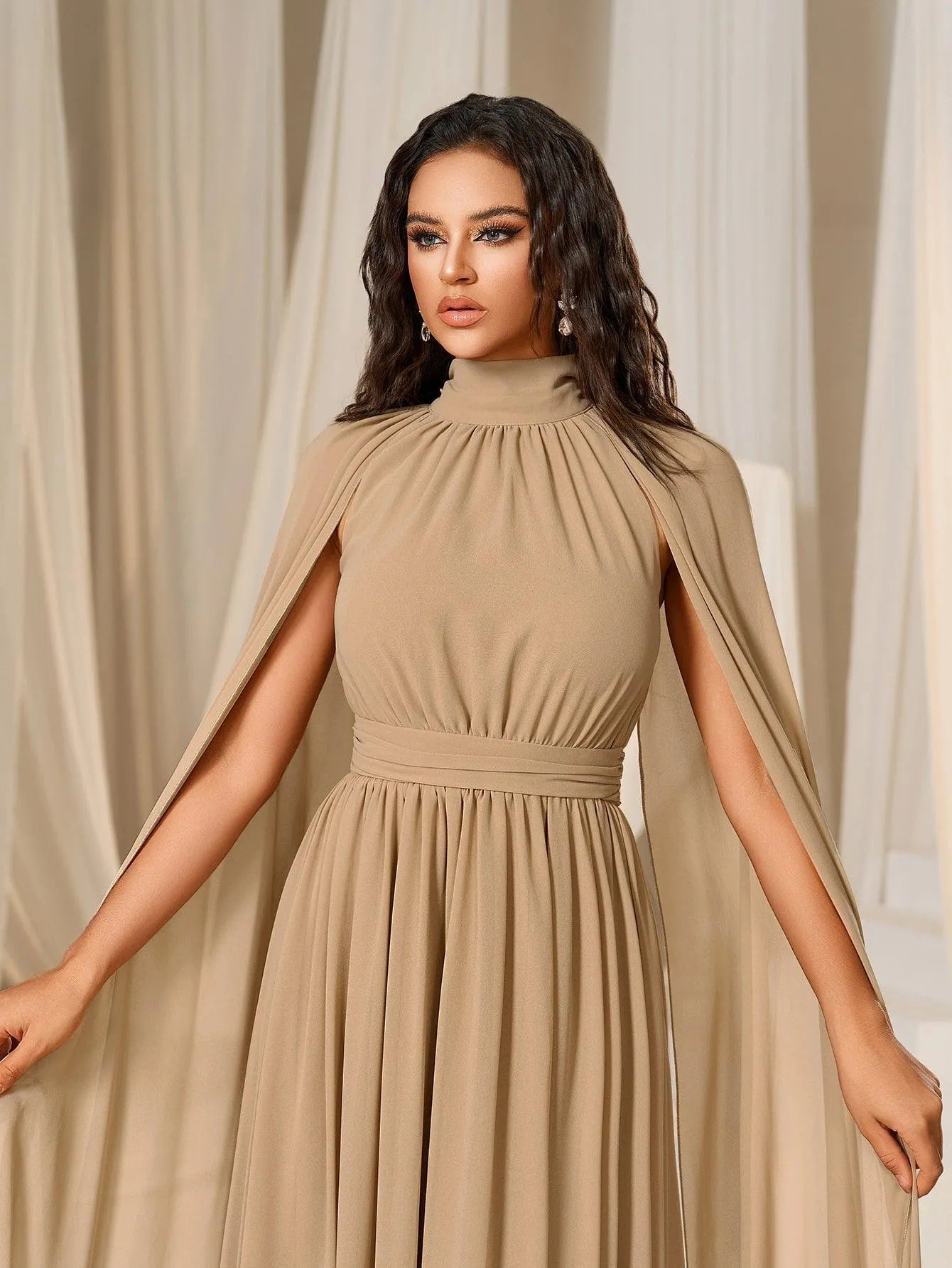 Elegant Mock Neck Cloak Sleeve Chiffon Formal Dress - Elonnashop