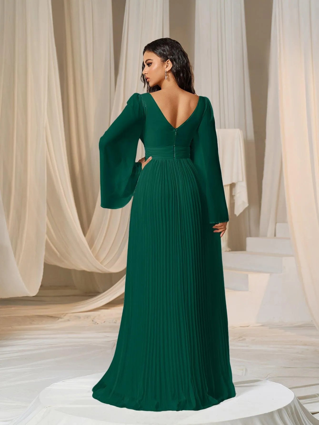 Plunging Neck Flared Sleeves Pleated Chiffon Dresses - Elonnashop