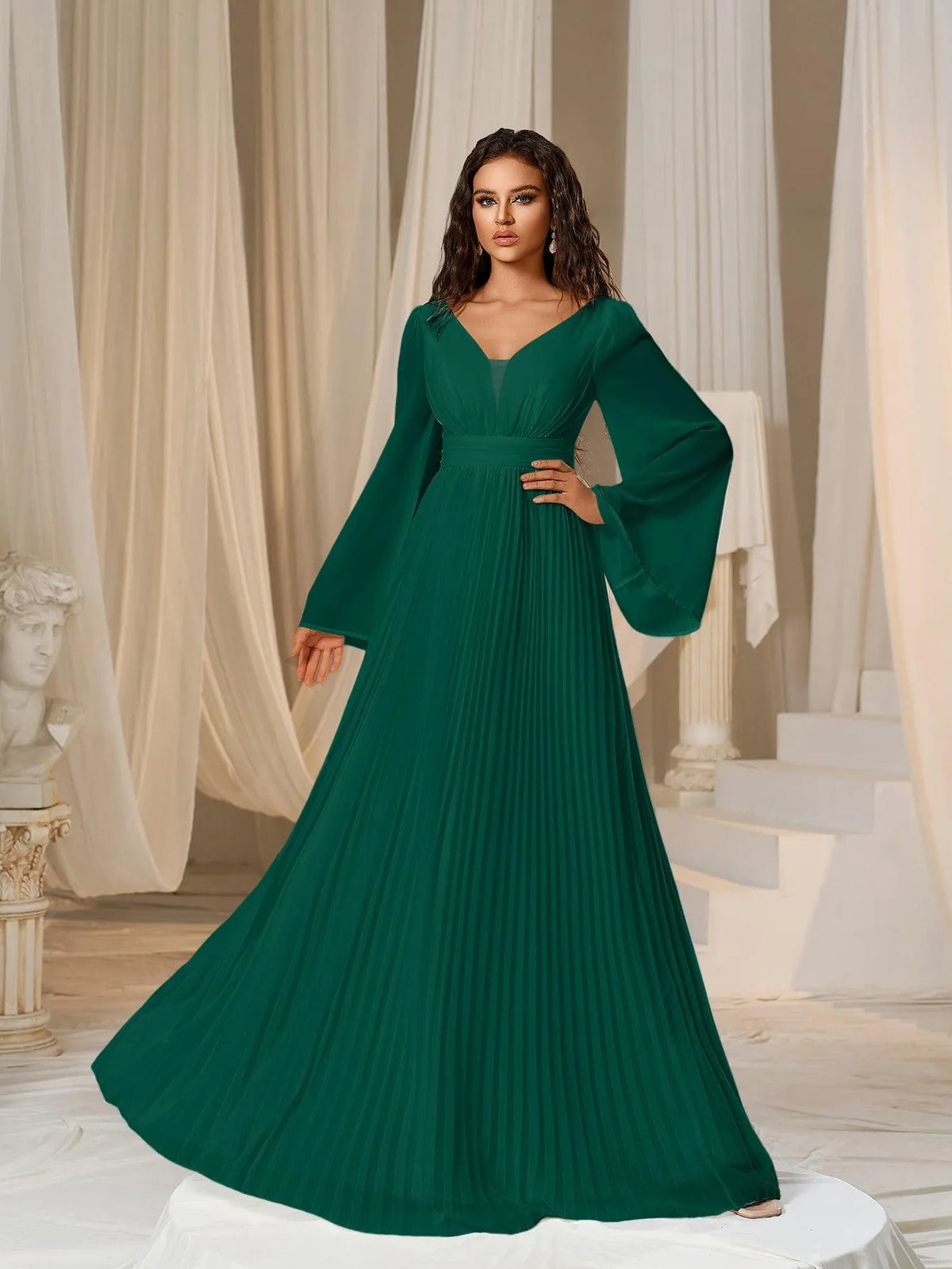 Plunging Neck Flared Sleeves Pleated Chiffon Dresses - Elonnashop