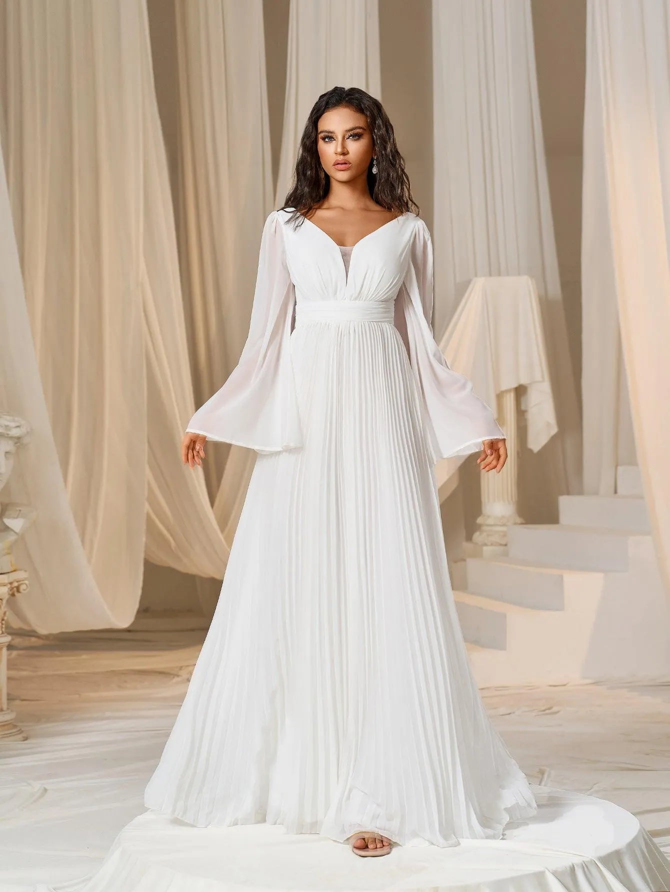 Plunging Neck Flared Sleeves Pleated Chiffon Dresses - Elonnashop