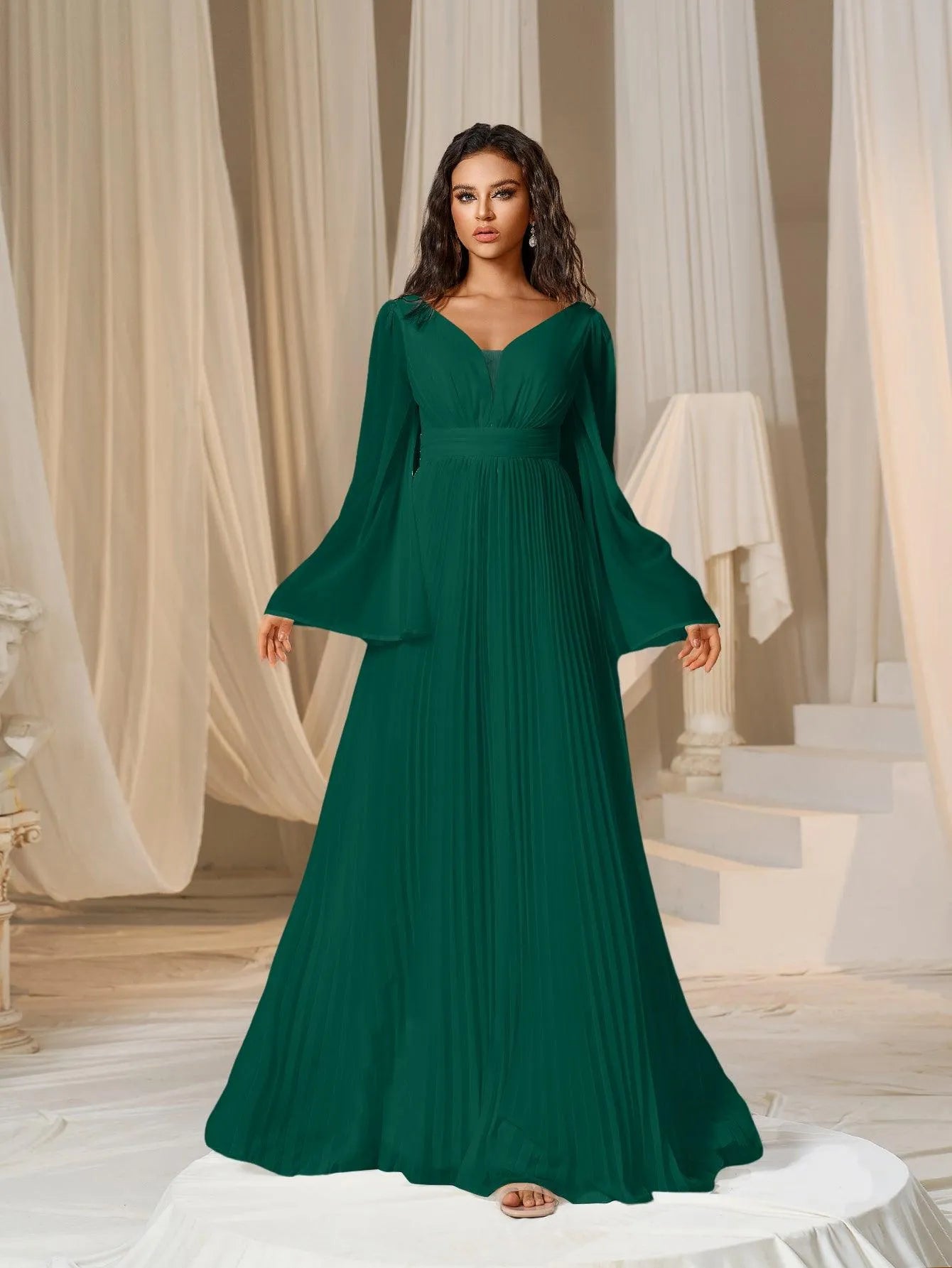 Plunging Neck Flared Sleeves Pleated Chiffon Dresses - Elonnashop