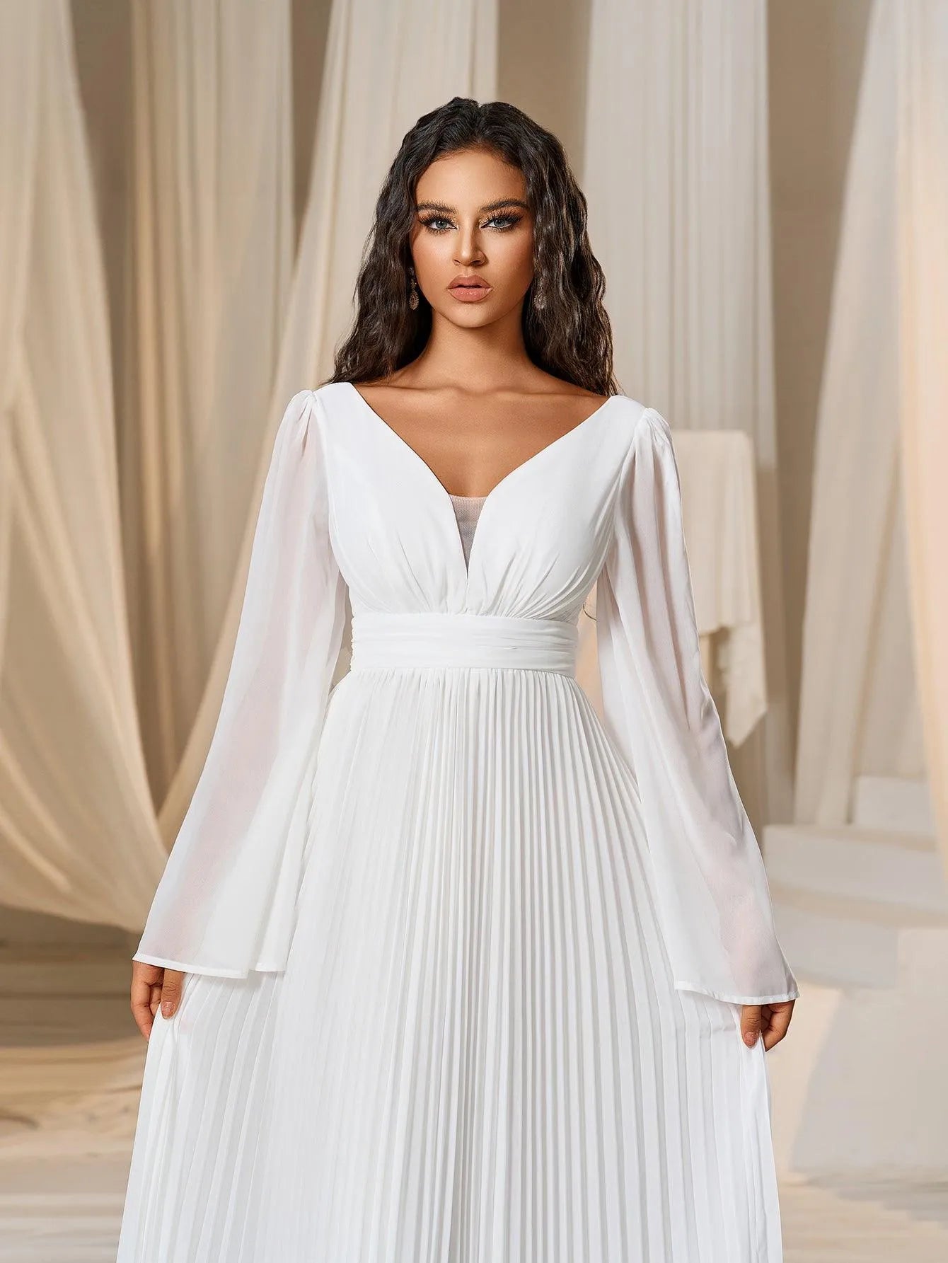 Plunging Neck Flared Sleeves Pleated Chiffon Dresses - Elonnashop