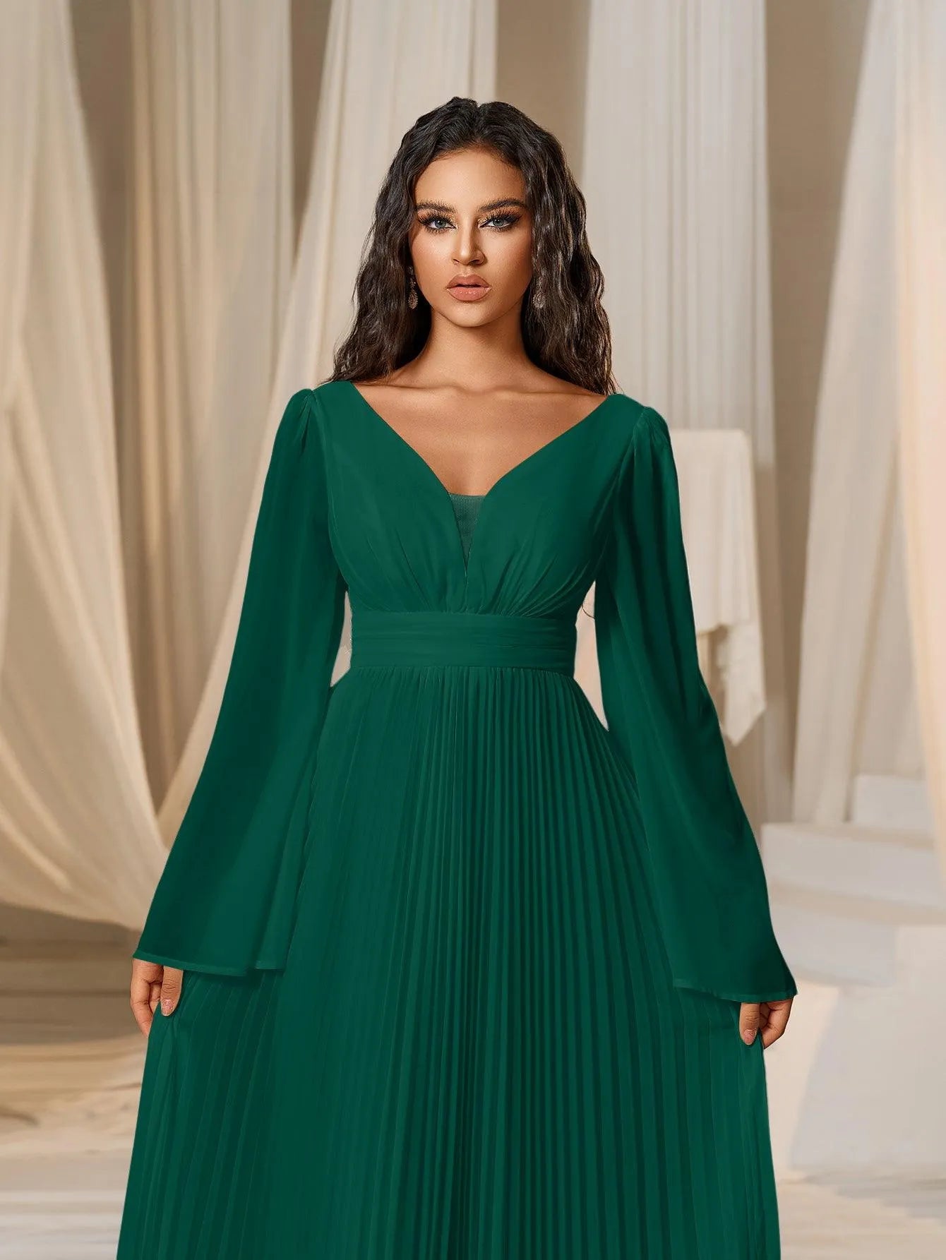 Plunging Neck Flared Sleeves Pleated Chiffon Dresses - Elonnashop