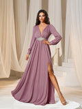 Elegant Plunging Neck Long Sleeves Slit Dresses - Elonnashop