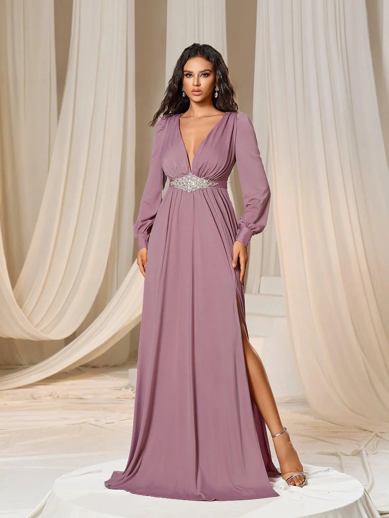 Elegant Plunging Neck Long Sleeves Slit Dresses - Elonnashop