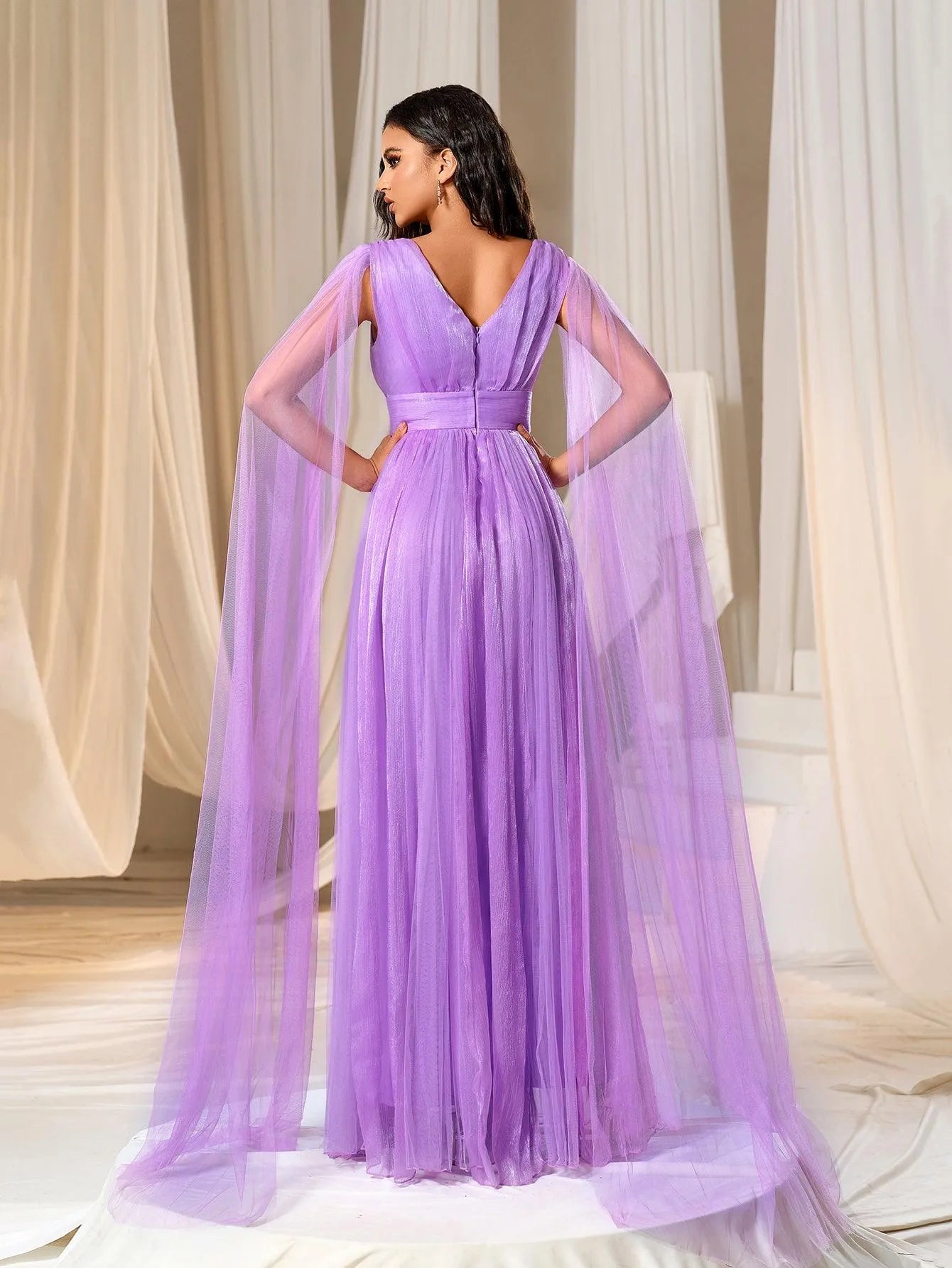 Plunging Neck A Line Bridesmaid dress With Cape - Elonnashop