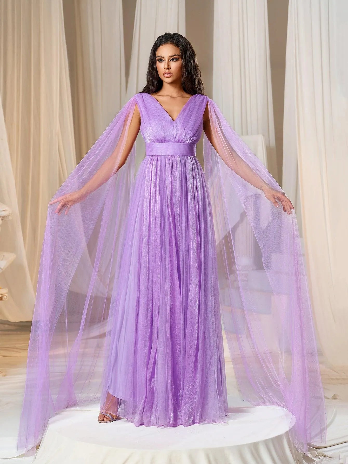 Plunging Neck A Line Bridesmaid dress With Cape - Elonnashop