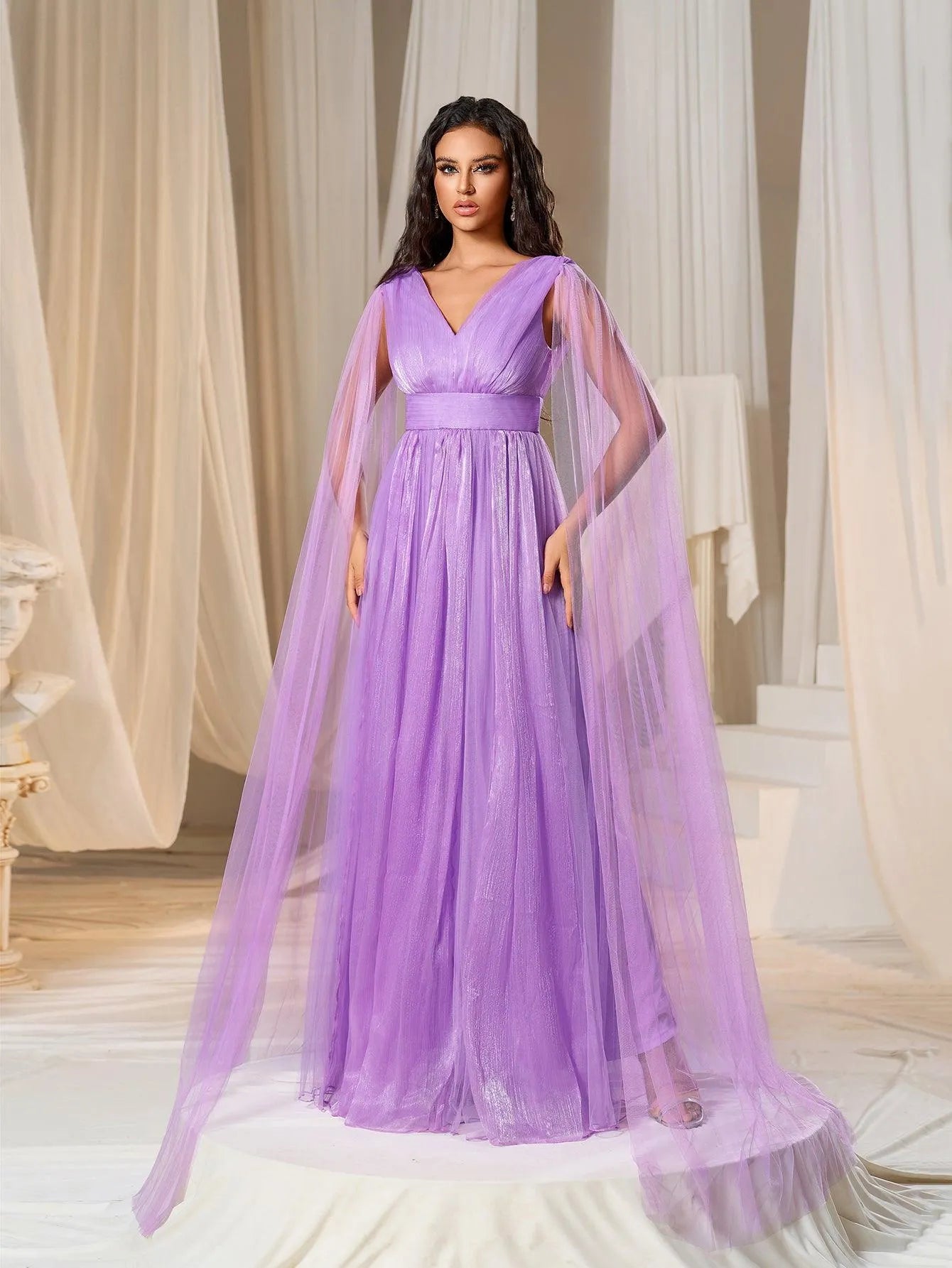 Plunging Neck A Line Bridesmaid dress With Cape - Elonnashop