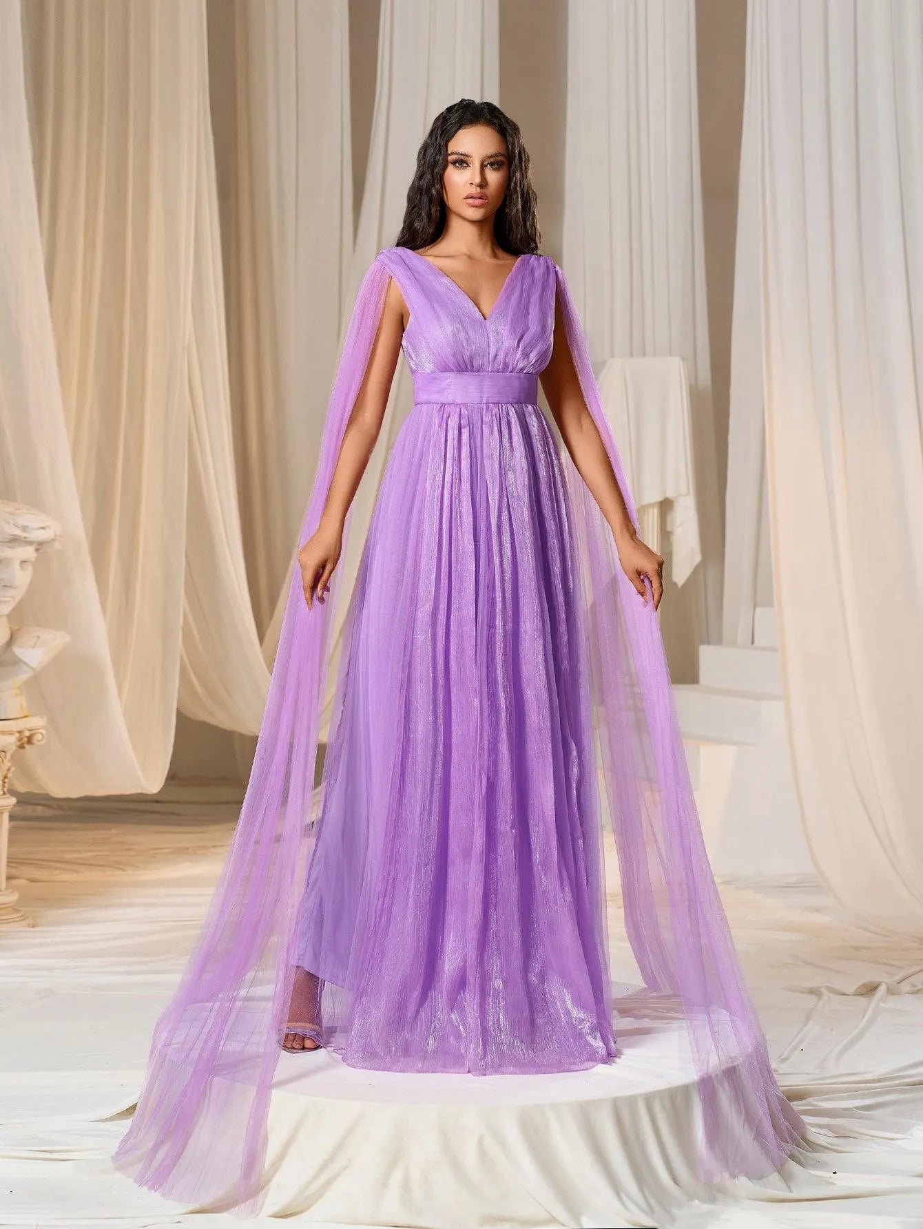 Plunging Neck A Line Bridesmaid dress With Cape - Elonnashop