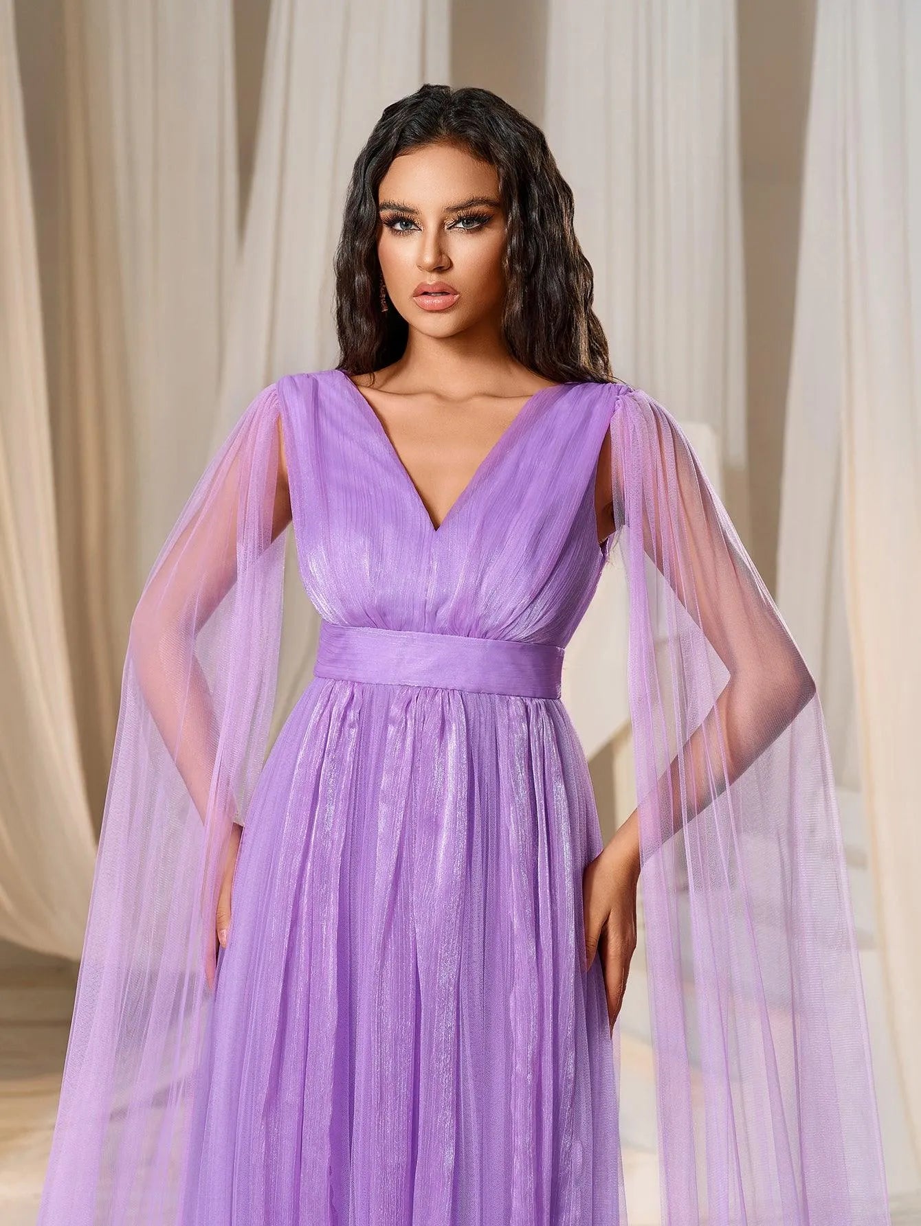 Plunging Neck A Line Bridesmaid dress With Cape - Elonnashop