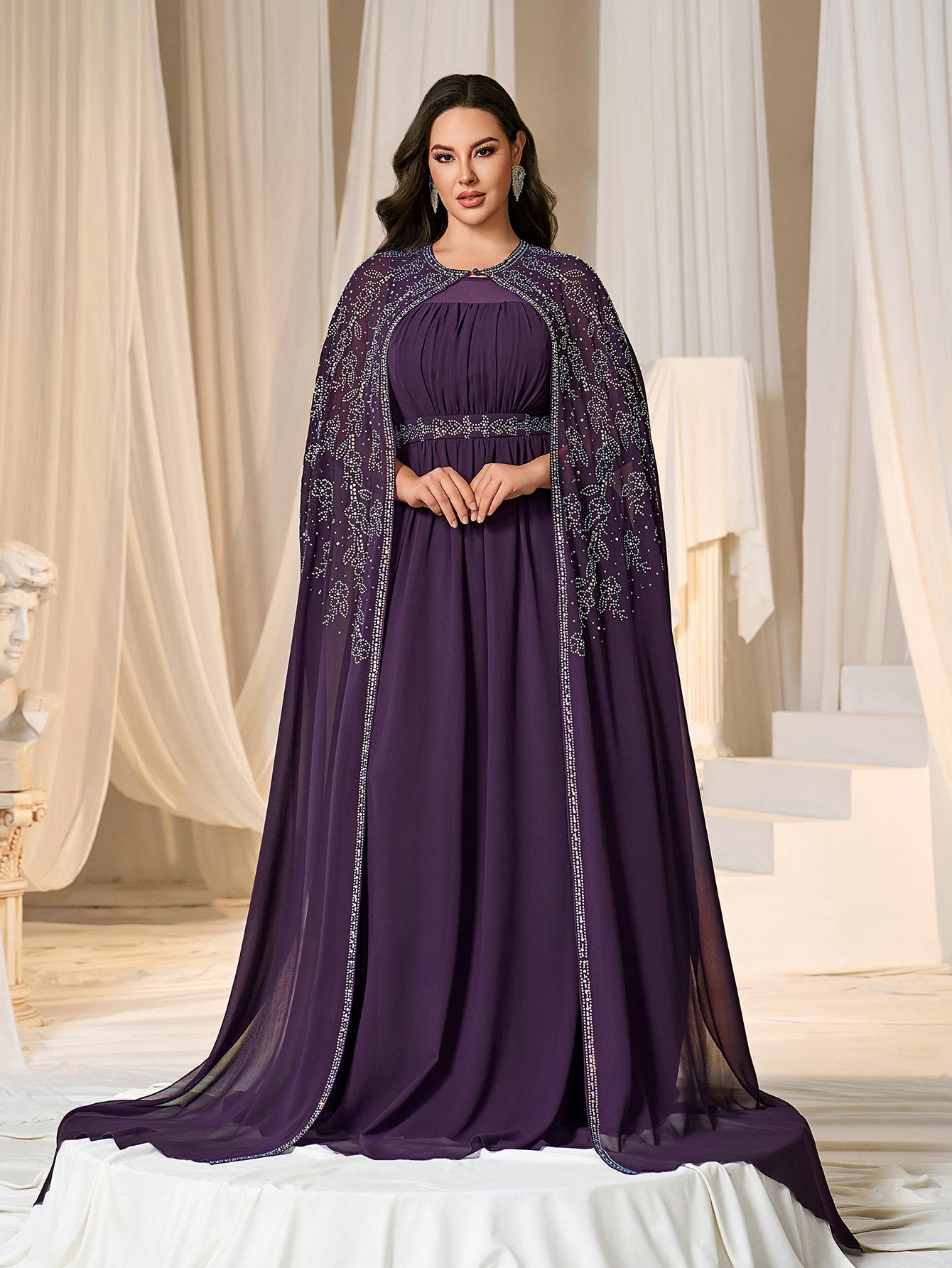 Plus Gorgeous Two-Piece Chiffon Evening Dress | Rhinestone Cape Sleeves & A-Line Skirt with Cathedral Train