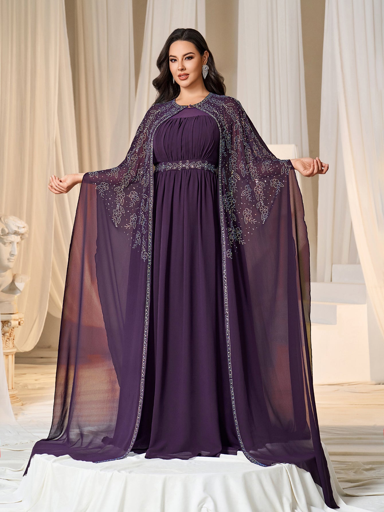Plus Gorgeous Two-Piece Chiffon Evening Dress | Rhinestone Cape Sleeves & A-Line Skirt with Cathedral Train