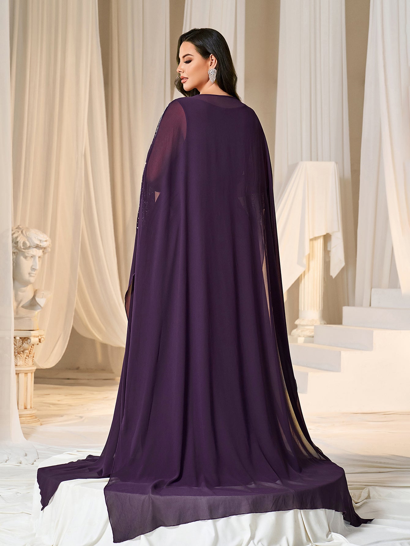 Plus Gorgeous Two-Piece Chiffon Evening Dress | Rhinestone Cape Sleeves & A-Line Skirt with Cathedral Train