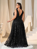 Plus Plunging Meck Backless Floral Sequin Prom Dress