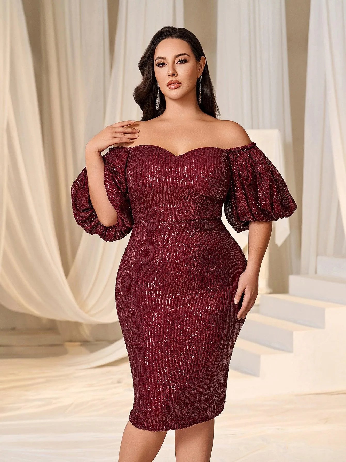 Plus Off Shoulder Puff Sleeves Sequin Midi Dress - Elonnashop