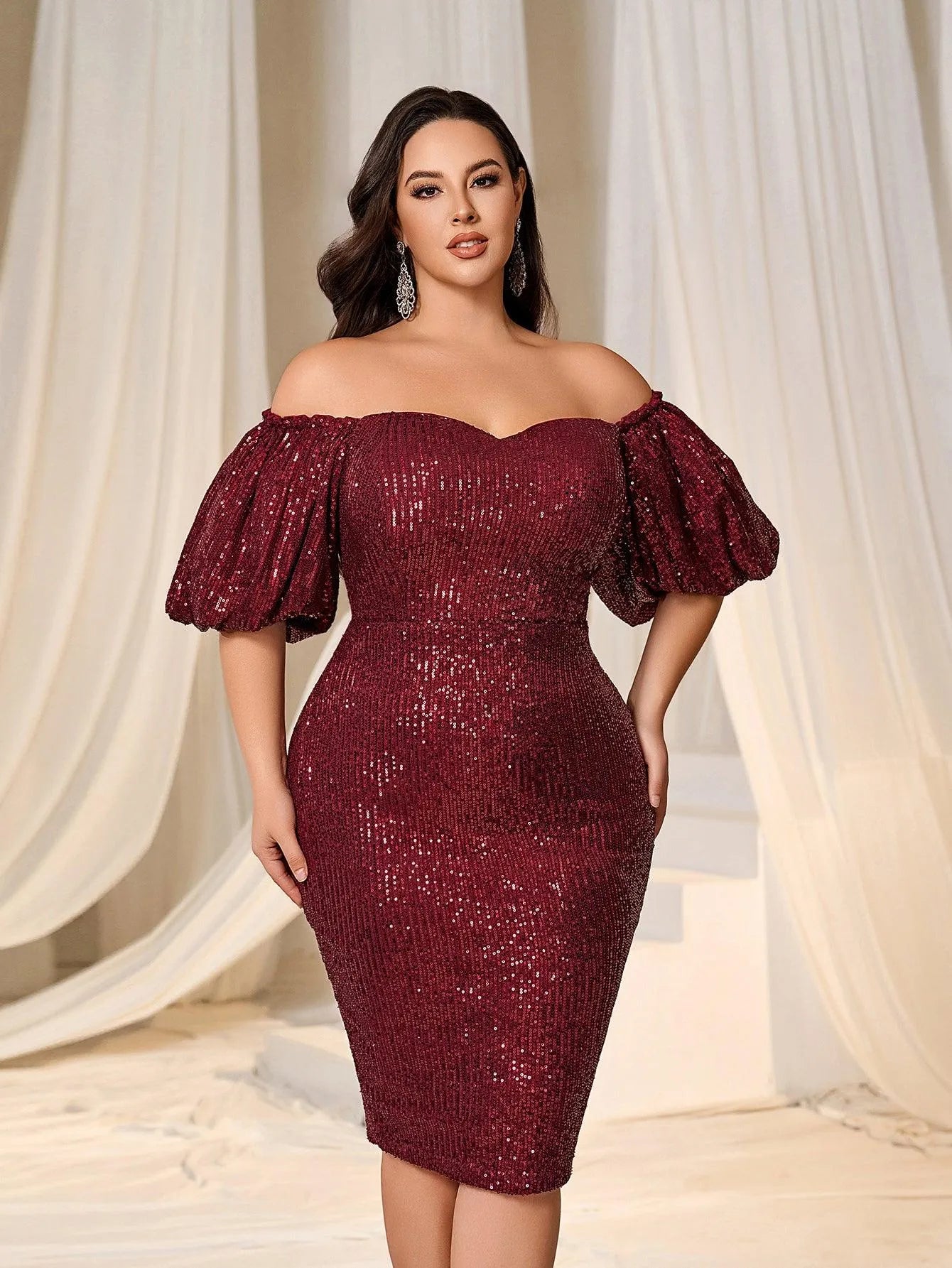 Plus Off Shoulder Puff Sleeves Sequin Midi Dress - Elonnashop