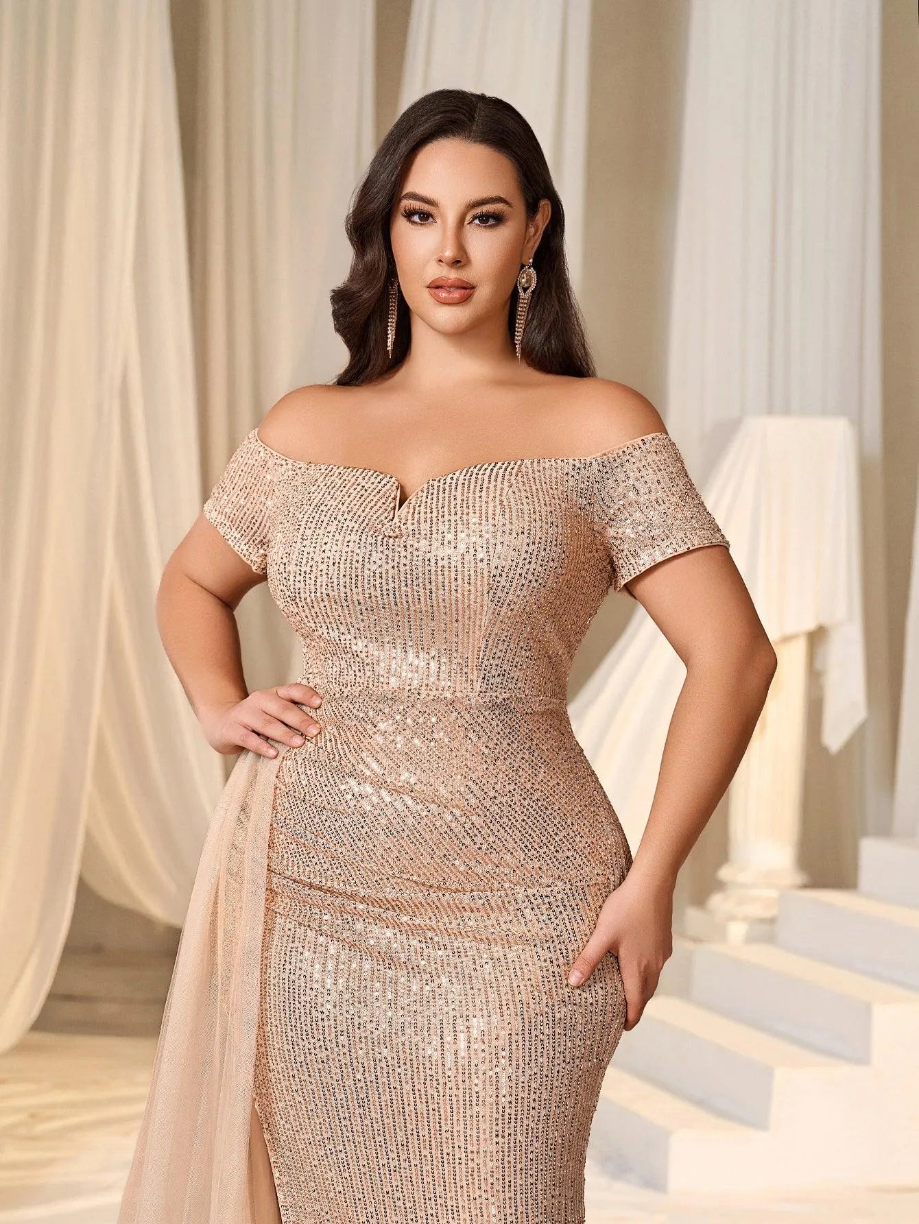 Plus Off Shoulder Sweetheart Neck Split Thigh Sequin Party Dress - Elonnashop