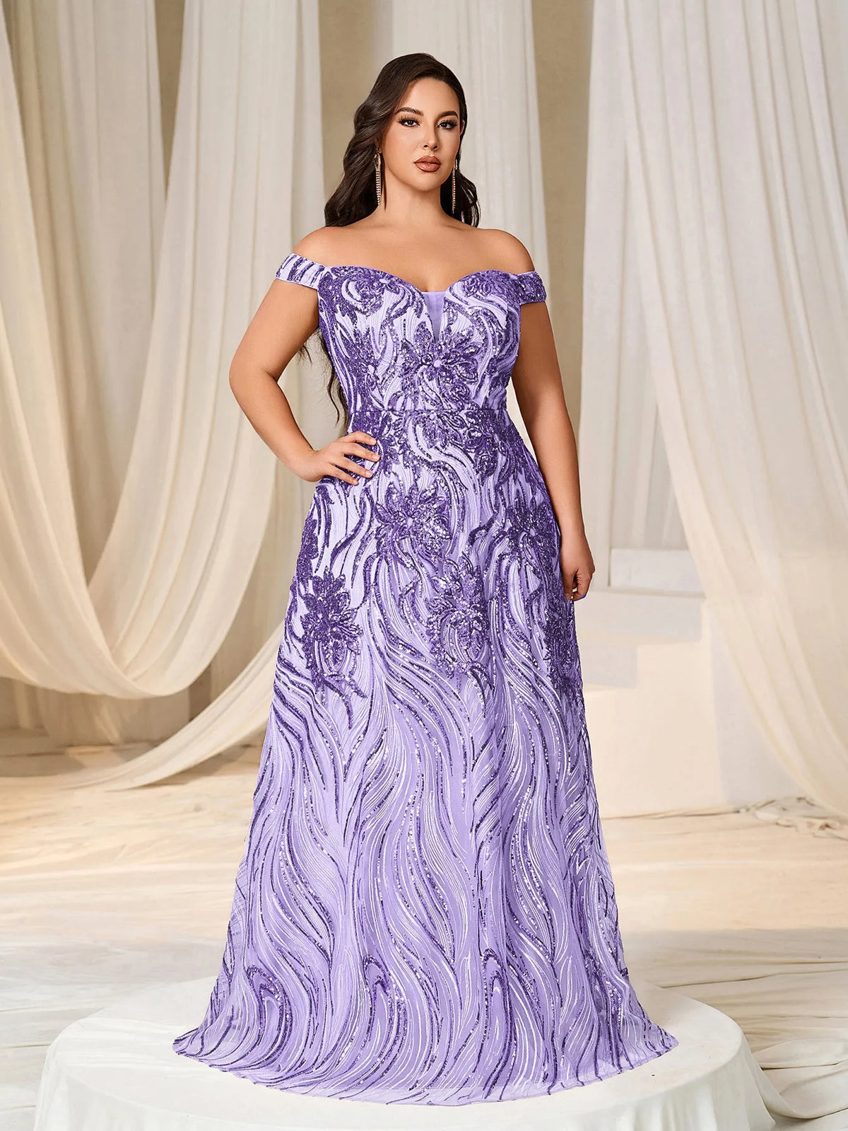 Plus Off Shoulder Graphic Sequin Formal Prom Dress Evening Dress