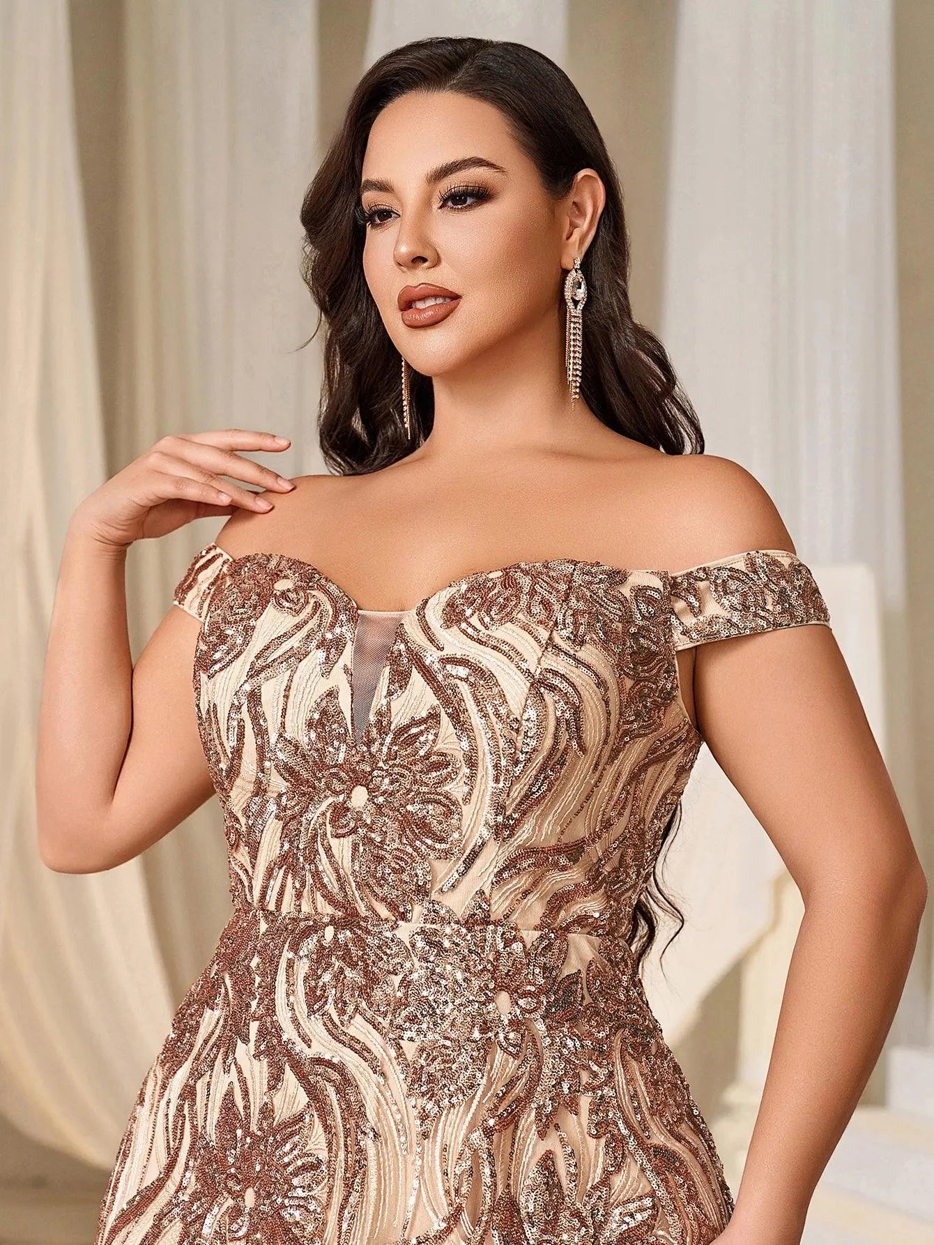 Plus Off Shoulder Graphic Sequin Formal Prom Dress - Elonnashop