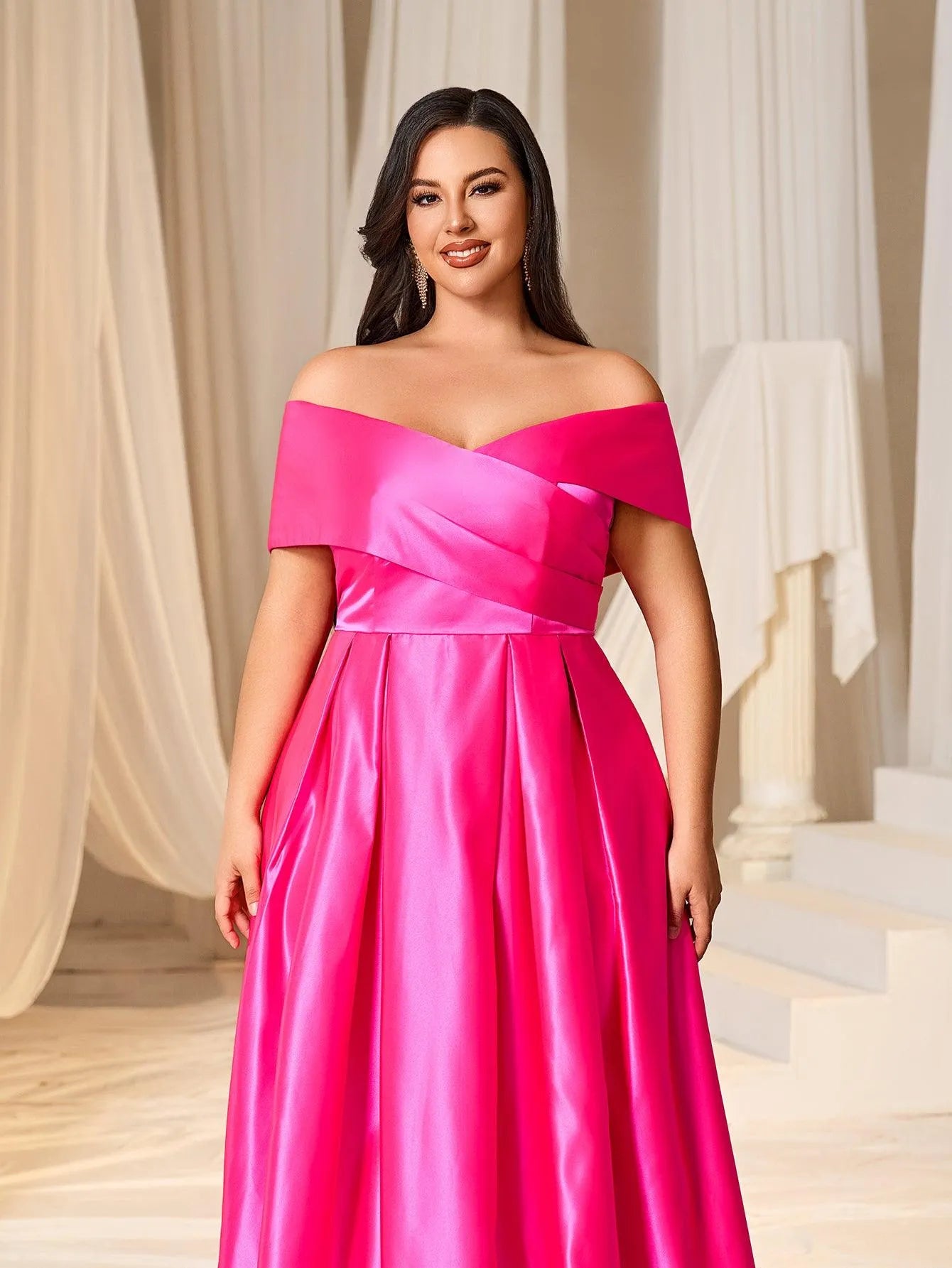 Plus Elegant Off Shoulder Satin A Line Prom Dress - Elonnashop