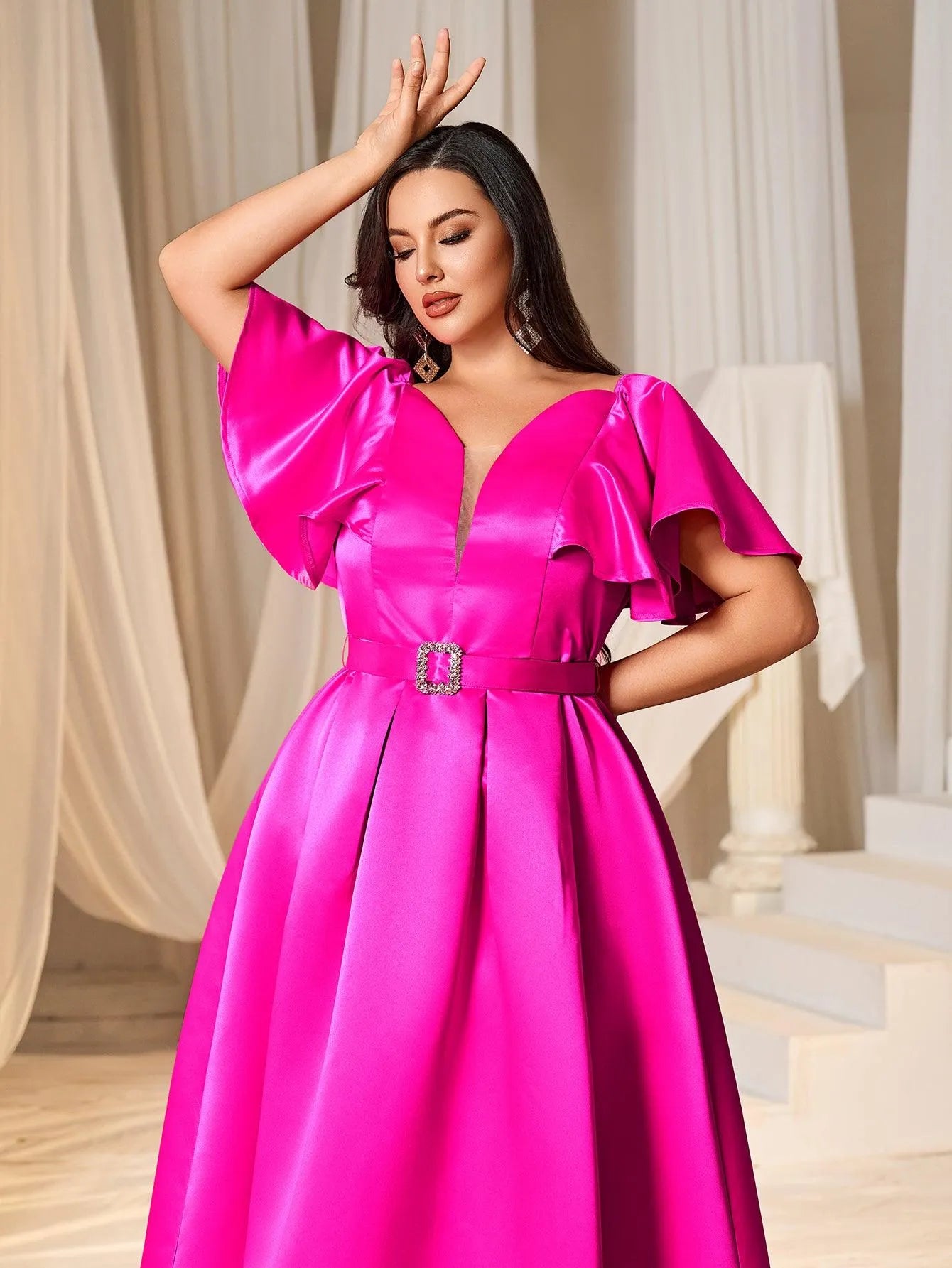 Plus Rhinestone Detail Ruffle Sleeve Satin Belted DressCinthya - Elonnashop