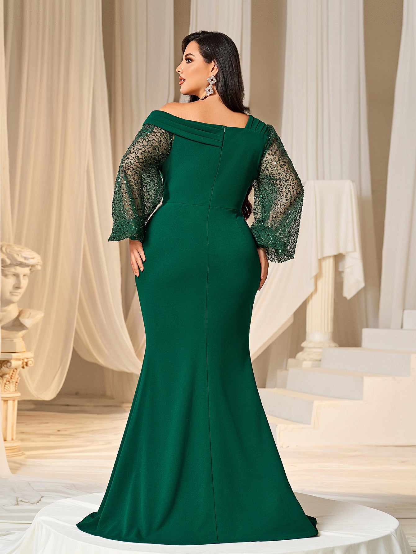 Plus Asymmetrical Neck Lantern Sleeves Formal Mermaid Dress