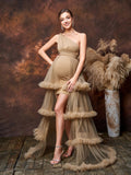 Maternity One Shoulder Sleeveless Tulle Layered Hem Party Dress