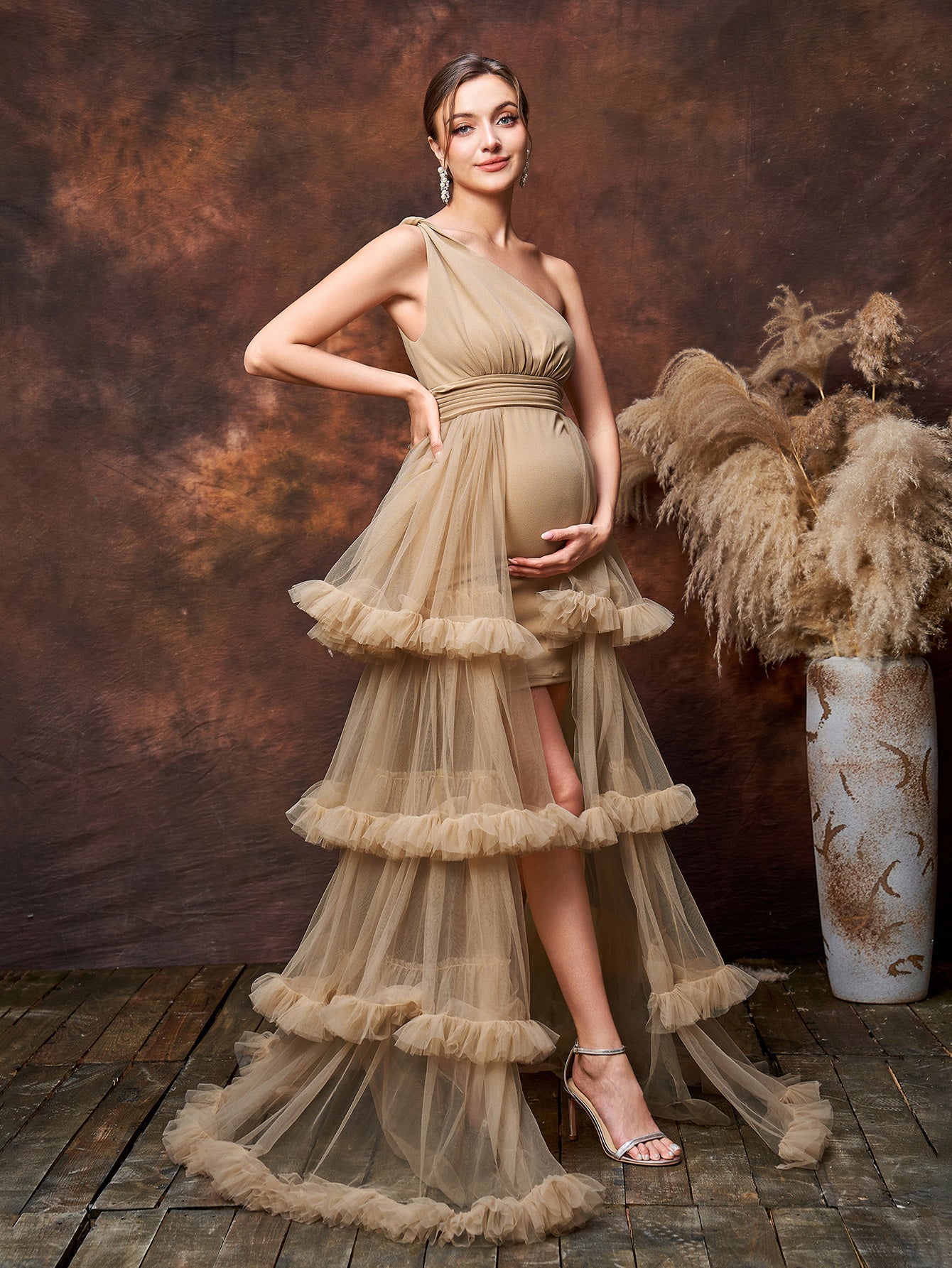 Maternity One Shoulder Sleeveless Tulle Layered Hem Party Dress