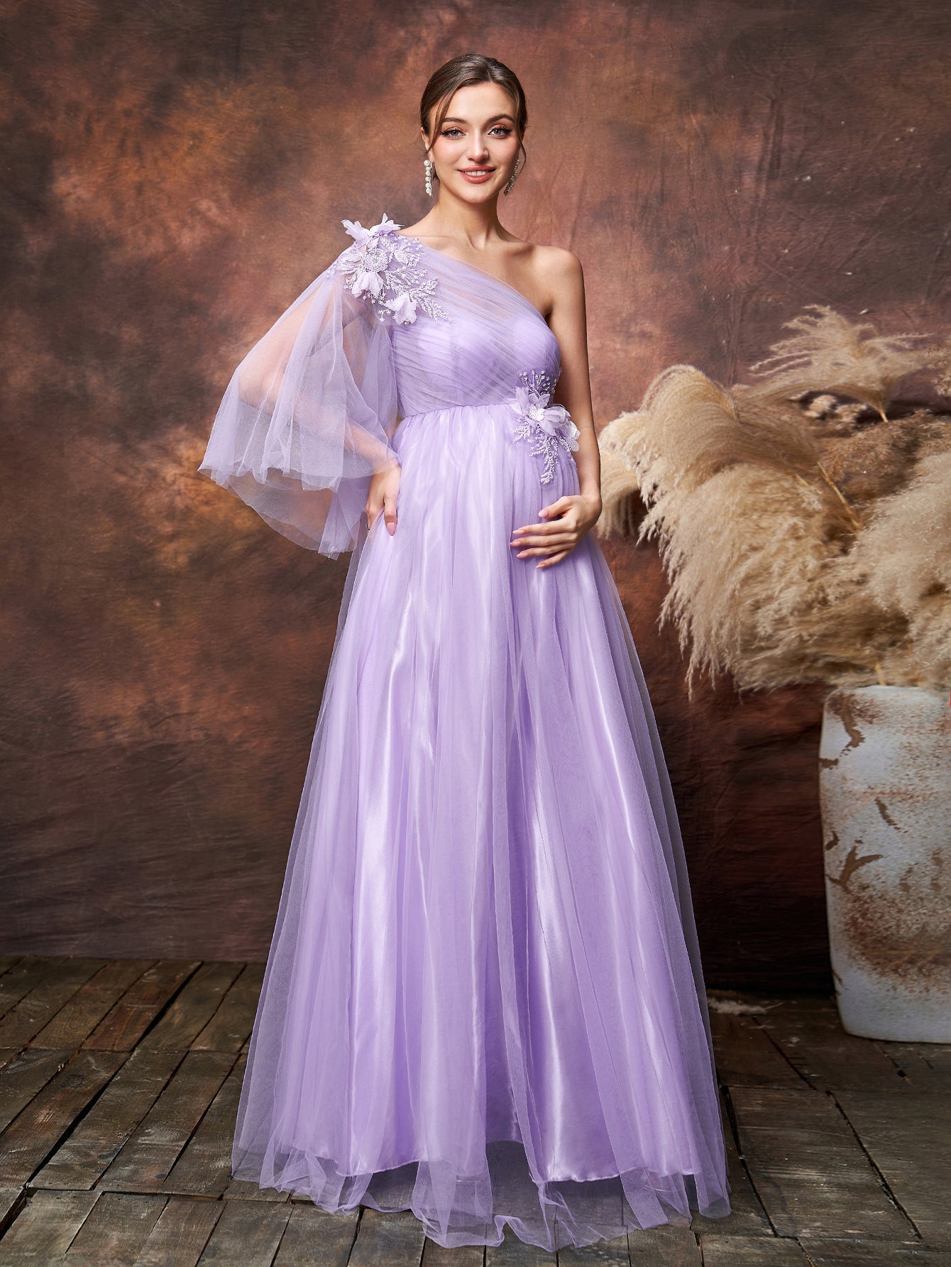 Maternity Applique Details One Shoulder Tulle Evening Dress