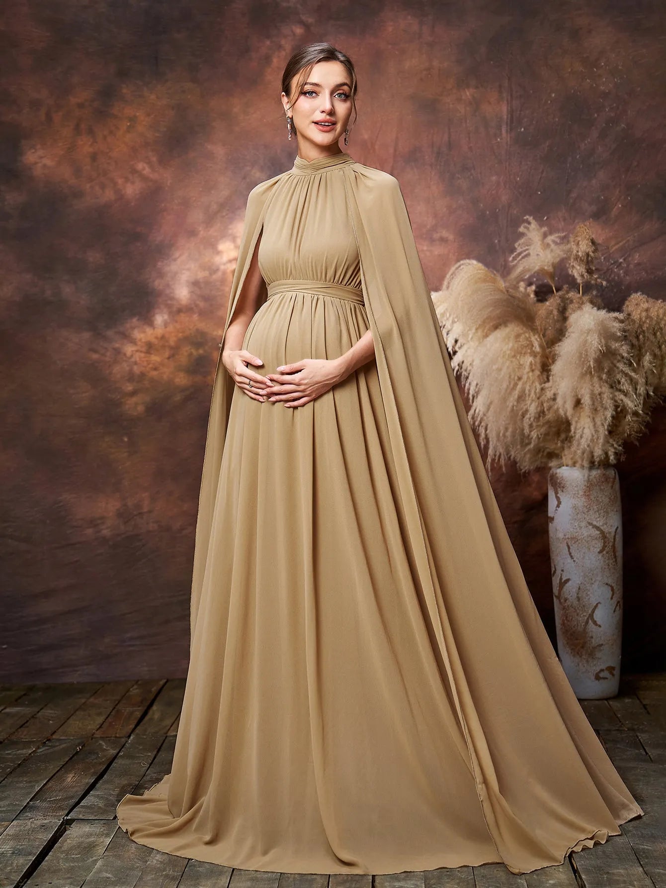 Maternity Mock Neck Cape Sleeves Chiffon Evening Dress