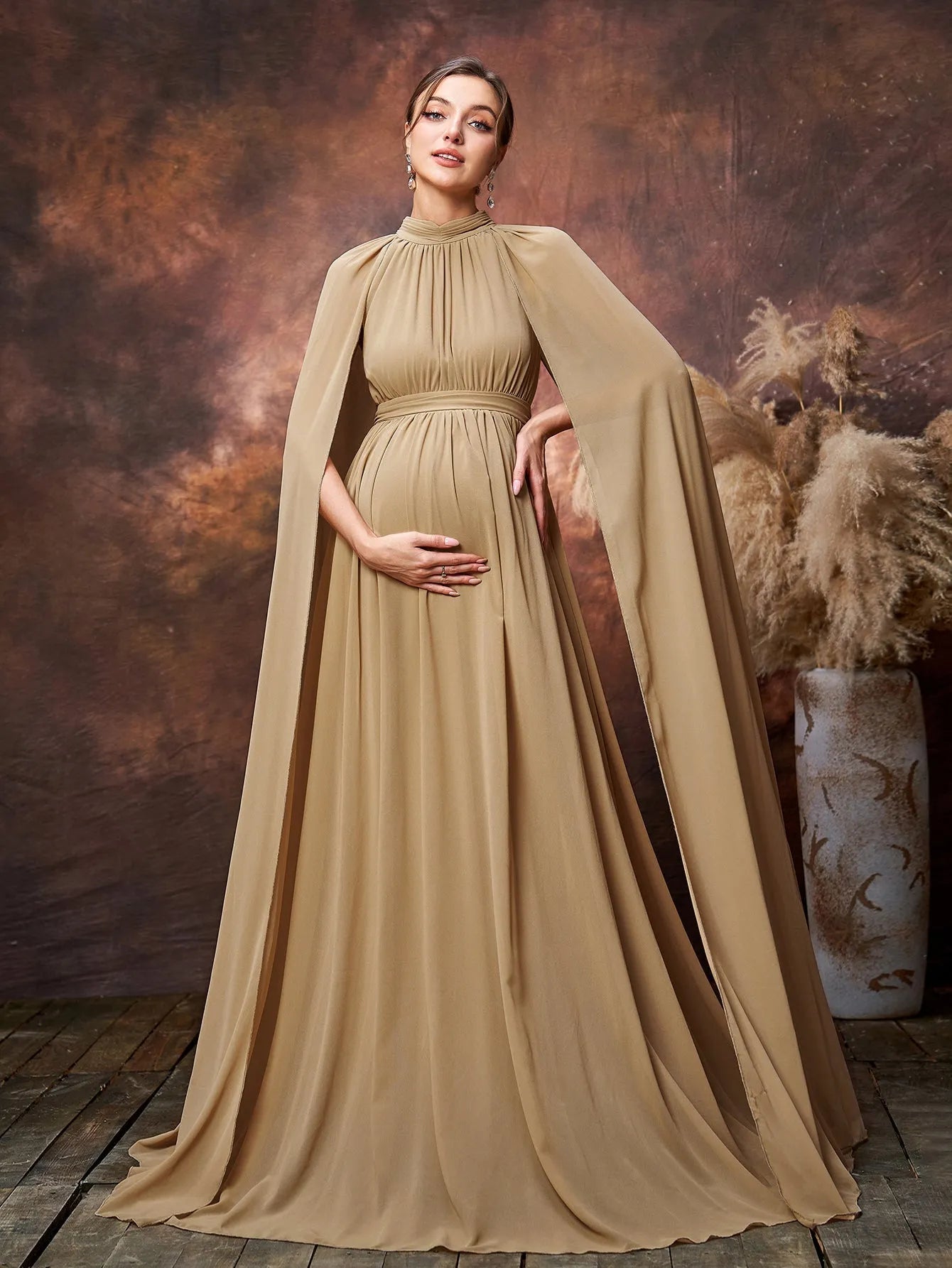 Maternity Mock Neck Cape Sleeves Chiffon Evening Dress